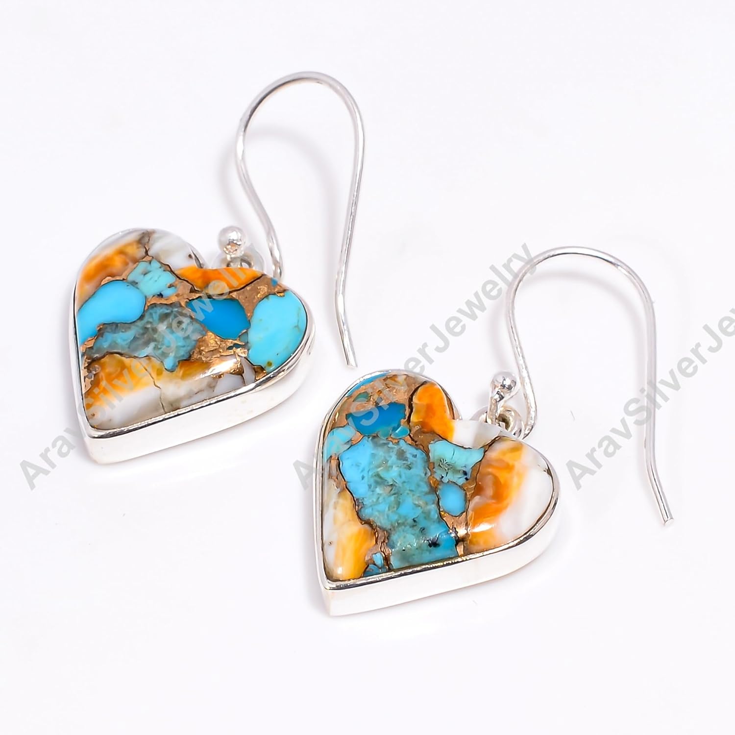 Natural Orange Spiny Oyster Turquoise Gemstone Solid 925 Sterling Silver Handmade Orange Heart Shape Stone Dangle Earrings for Women Gift for Her