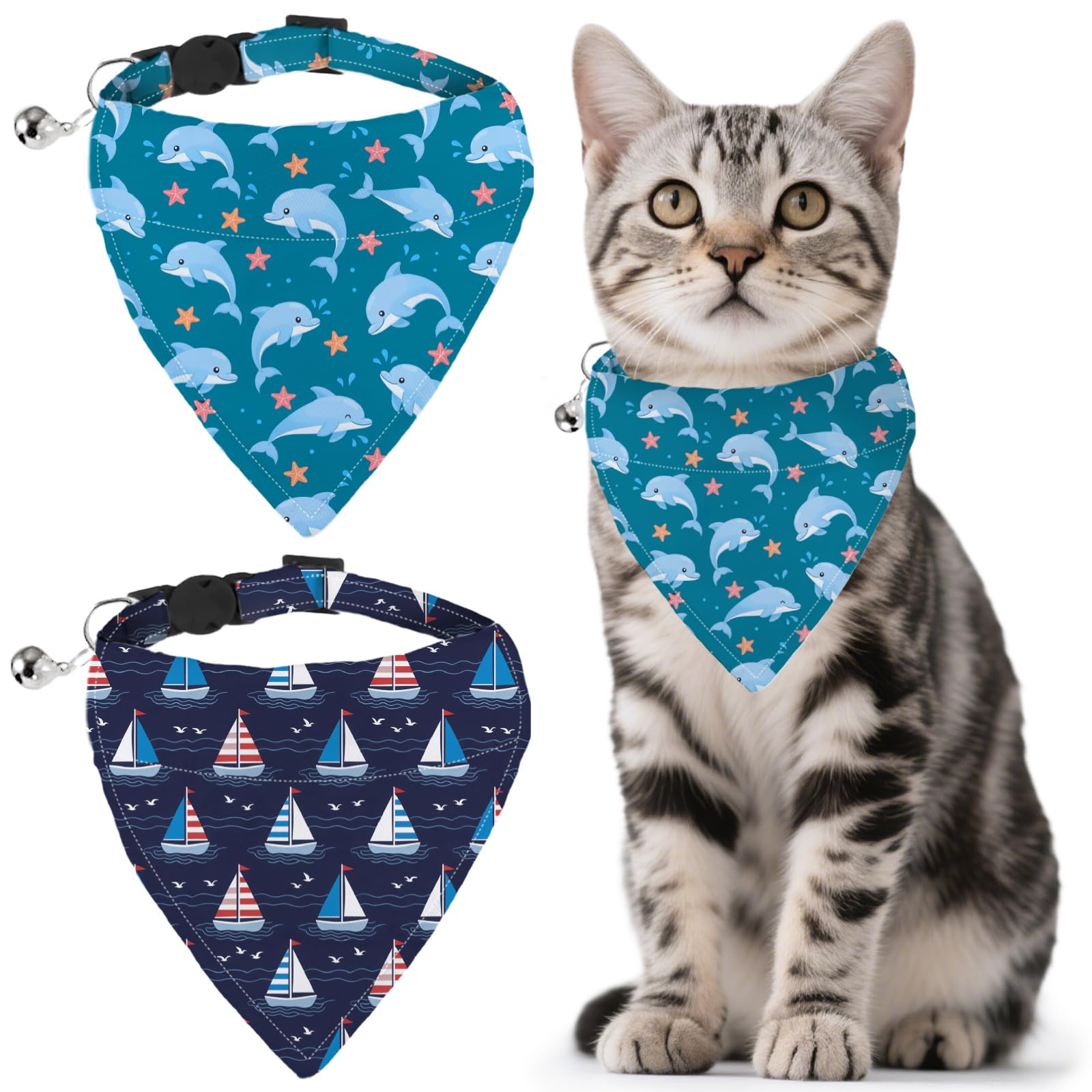 GLOBLELAND 2 Pack Ocean Sailboat Dog Bandana Collar Pet Triangle Bibs with Bell Dolphin Adjustable Dog Collar Starfish Cat Collars Scarf for Pets Kittens Puppy Cats Dogs