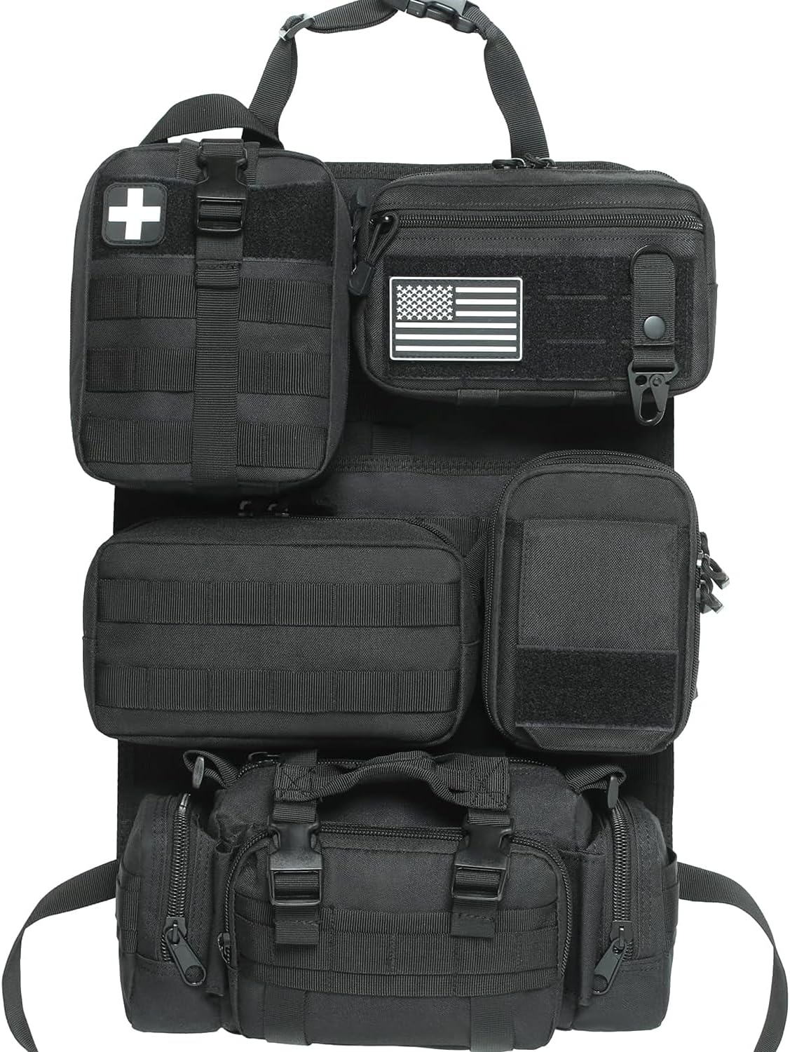 6 Pack Tactical Molle Car Seat Back Organizer - Tactical Vehicle Panel Organizer with 5 Detachable Molle Pouch,US Flag Patch and Keychain,Great Trunk Accessories for Man