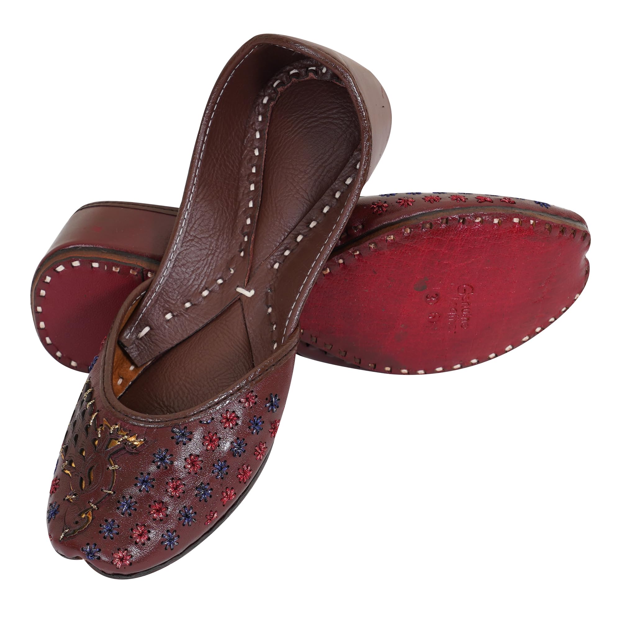 Traditional Hand Crafted Brown Leather Rajasthani Stylish Punjabi Ethnic Comfortable Sole Cushioned Fancy Ethnic Bellies Mojari Jutti for Women and Girls, Color-DarkBrown7 Size 9-image-17