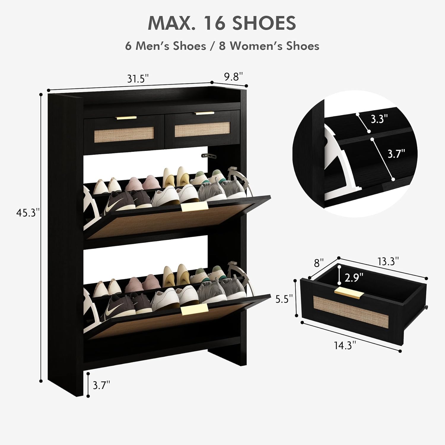 Shoe Organizer Cabinet Storage for Entryway - Slim Rattan Shoe Rack for Front Door Entrance, Narrow Hidden Shoe Cabinet with Flip Drawers, Boho Shoe Holder Cabinet, Two Doors, Black