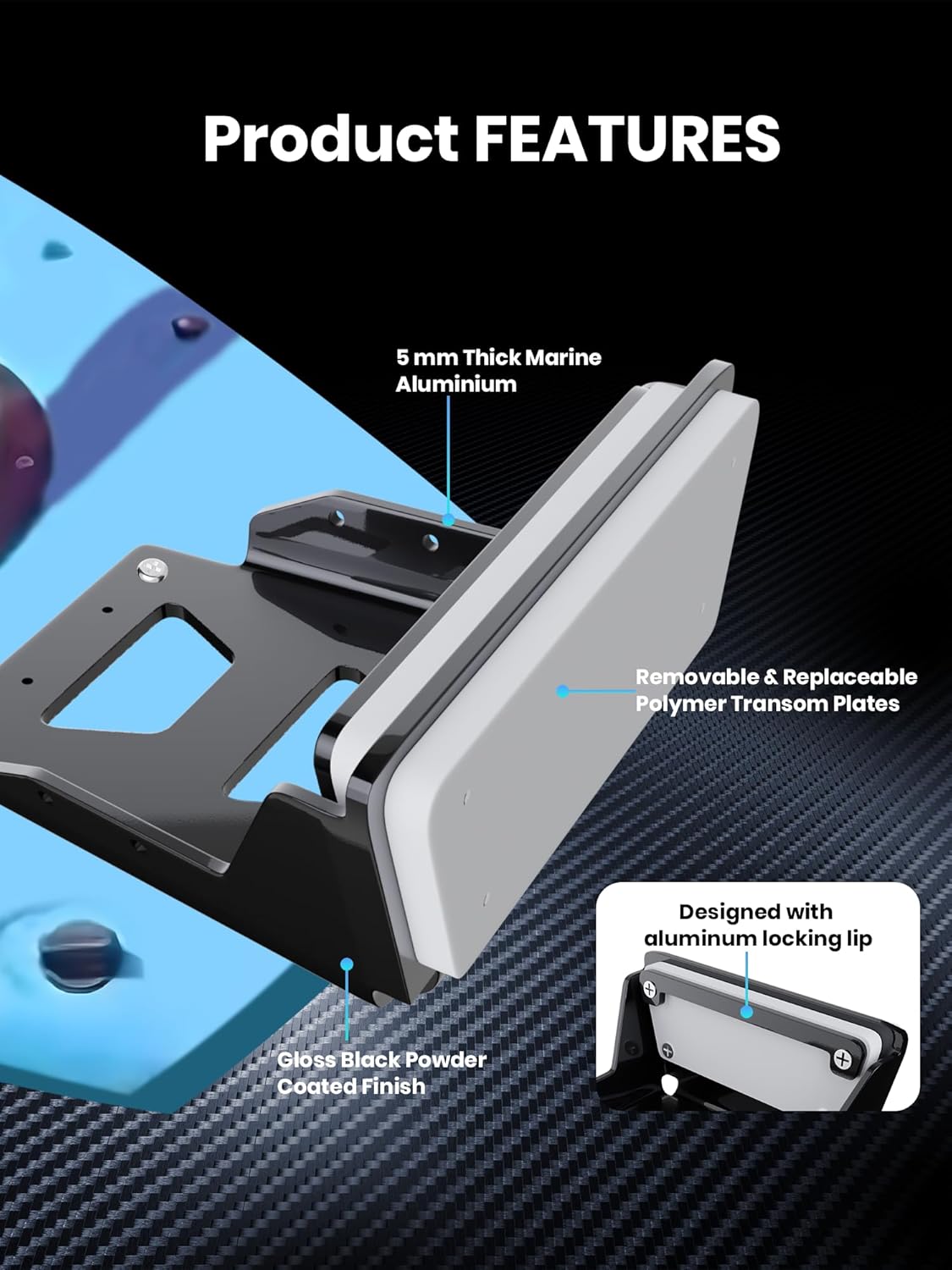 Transom Trolling Motor Mount for Kayaks,Marine Aluminium Kayak Motor Mounts, Transom Motors Mount for Kayaks with Aluminum Locking Lip, Fresh & Salt Water Compatible (Black)