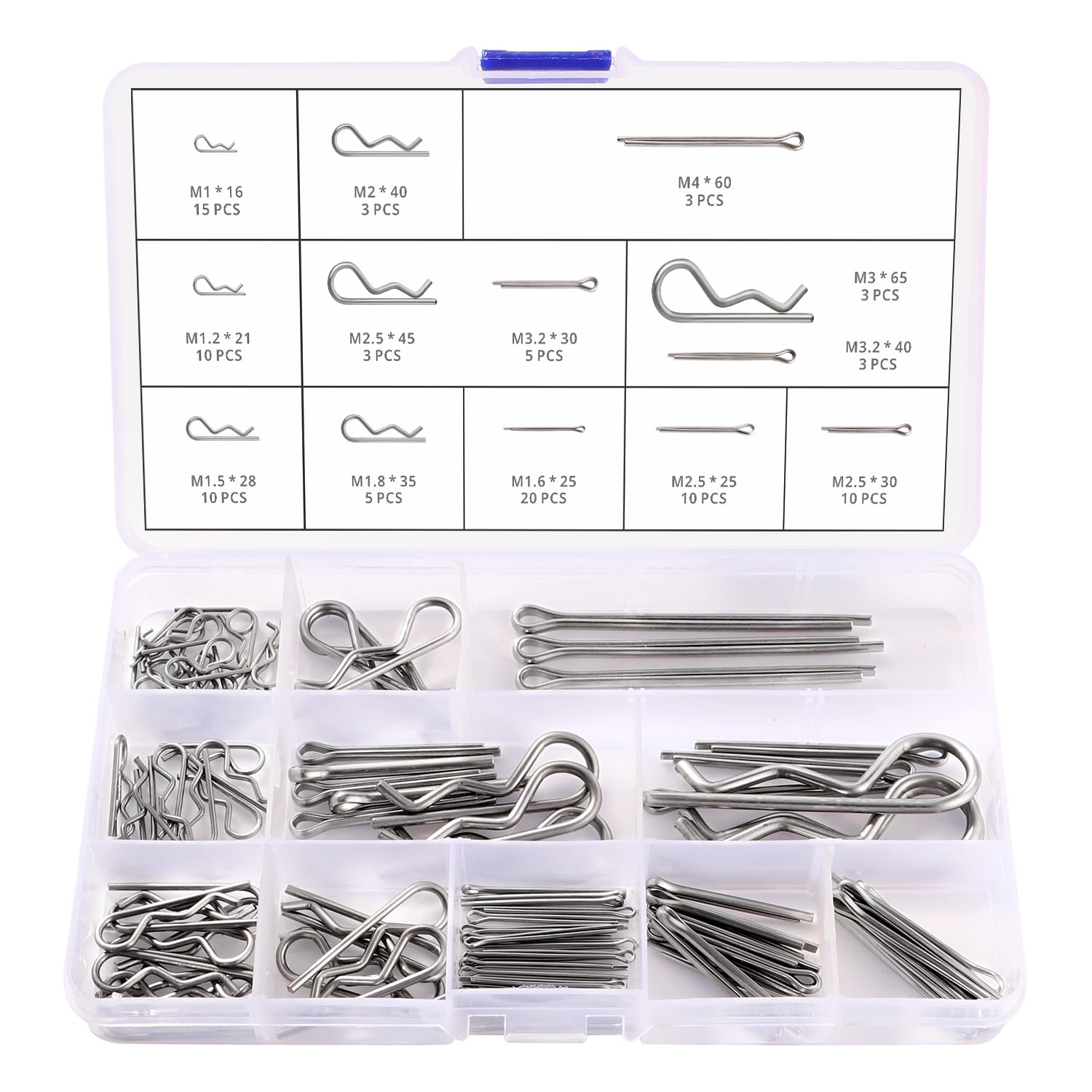 VooGenzek 100 Pezzi 13 Taglie Kit di Coppiglia Acciaio Inossidabile, R Clip Perni di Fissaggio, Coppiglie, per Auto, Meccanica, Garage, Officina