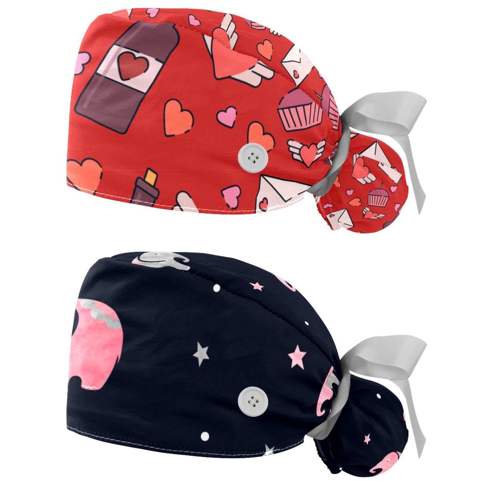 Women's Working Caps Bouffant Surgical Cap with Bow Scrunchies Pink Strawberry Pattern Ponytail Holder Tie Back Scrub Hat