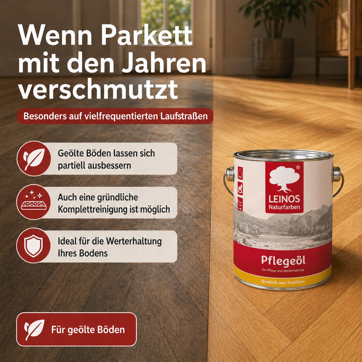 LEINOS 285 Pflegeöl weiß 2,5 Liter für Holz, Parkett, Kork und Linoleum | Pflege, Reinigung und Auffrischung geölter und gewachster Flächen im Innenbereich | Natürlich ökologisch natürliche Optik