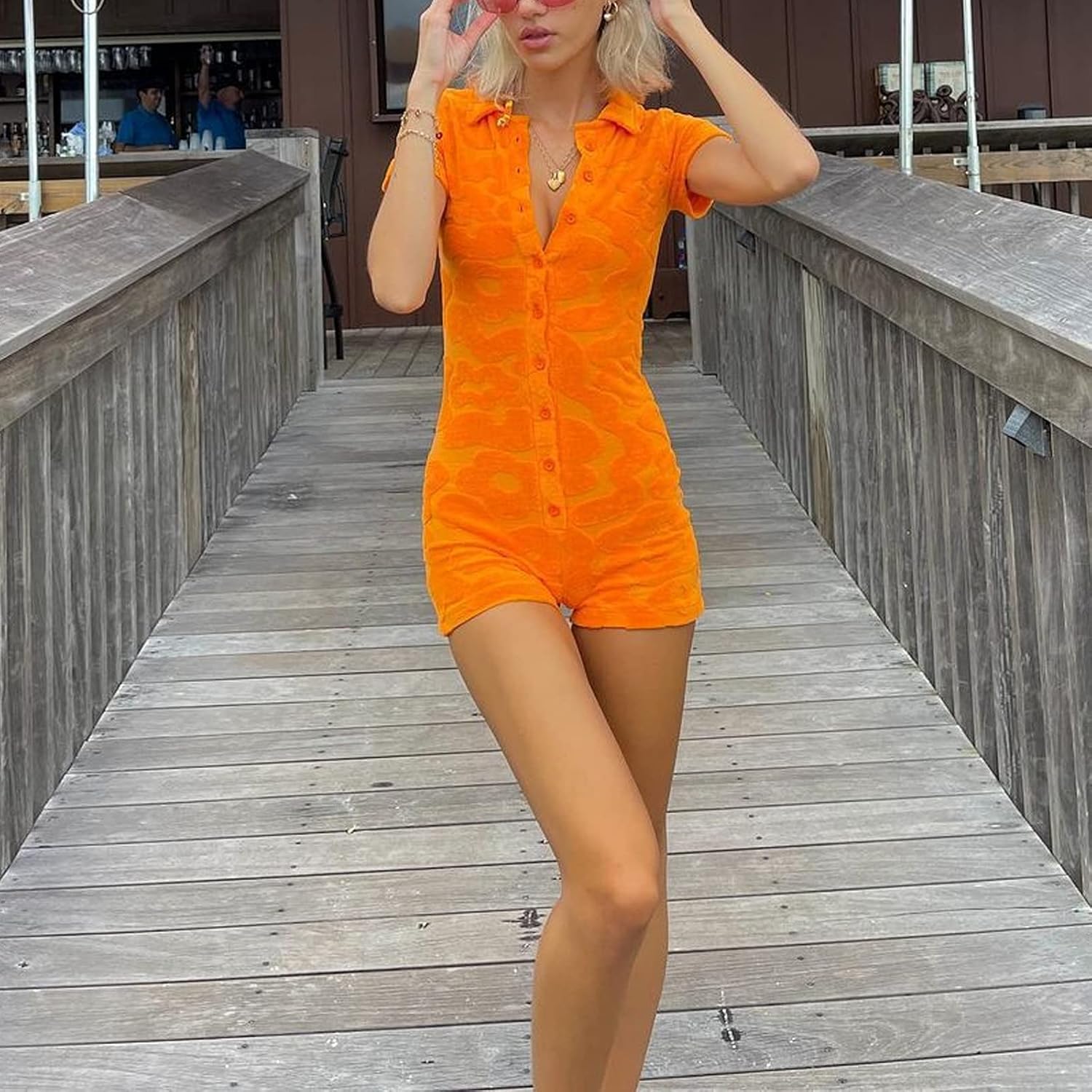 Fernvia Women Short Sleeve Jumpsuit Sexy V-Neck Knitted Buttons Open Bodycon Bodysuit Overall Romper Summer Streetwear - Image 3