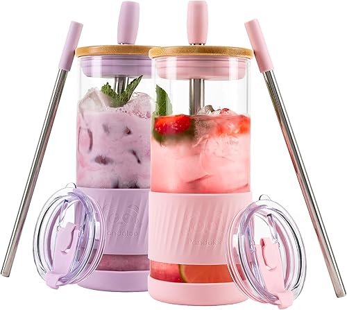 Vista 36 de Vasos de vidrio con tapas y pajitas, 20 onzas líquidas, taza de café helado, taza para batido con tapa de bambú y tapa sobre la marcha, vaso