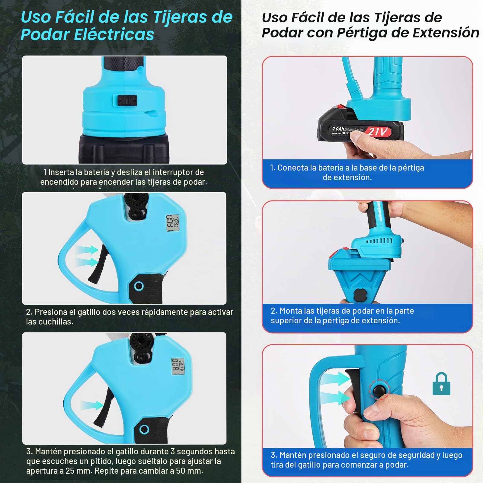 Tijeras de Podar Eléctricas 50mm, tijeras de podar telescópicas con Pértiga 2m- 2 Baterías 21V/2.0Ah, Pantalla Digital, 2 Hojas SK5, Ideal para Viñedos, Jardinería y Granjas (Azul Agua)