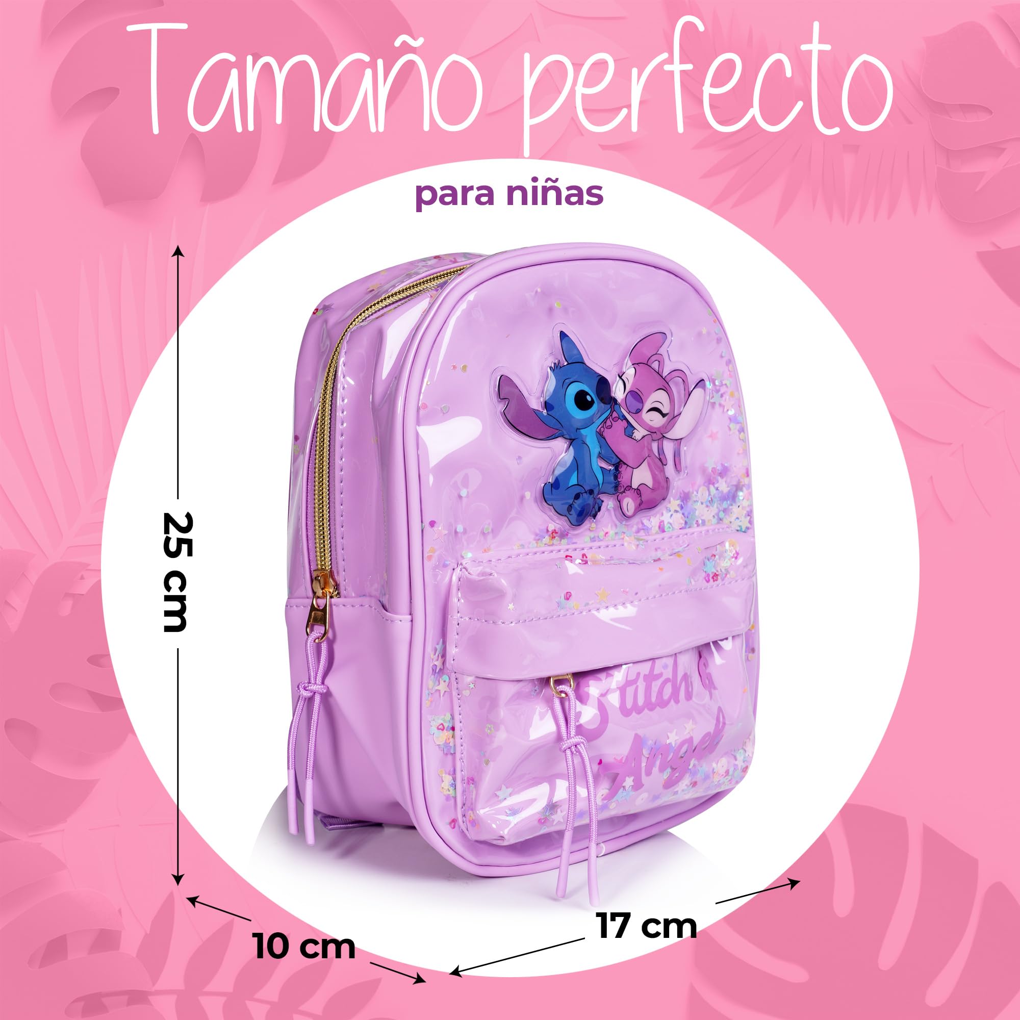 Bolso Stitch y Angel para Niña – Mochila Infantil Disney Brillante con Purpurina – Regalo Oficial de Lilo & Stitch – Ligero y Resistente