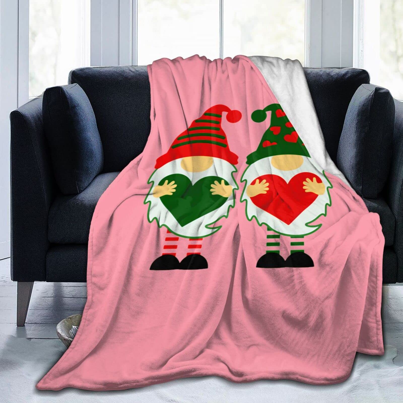Lsjuee Two Garden Gnomes Holding Heart Throw Blanket Warm Cozy Lightweight Blankets Romantic Valentine's Day Gift Flannel Blanket for Sofa Couch Bed Office Holiday Decorative 50"X40"