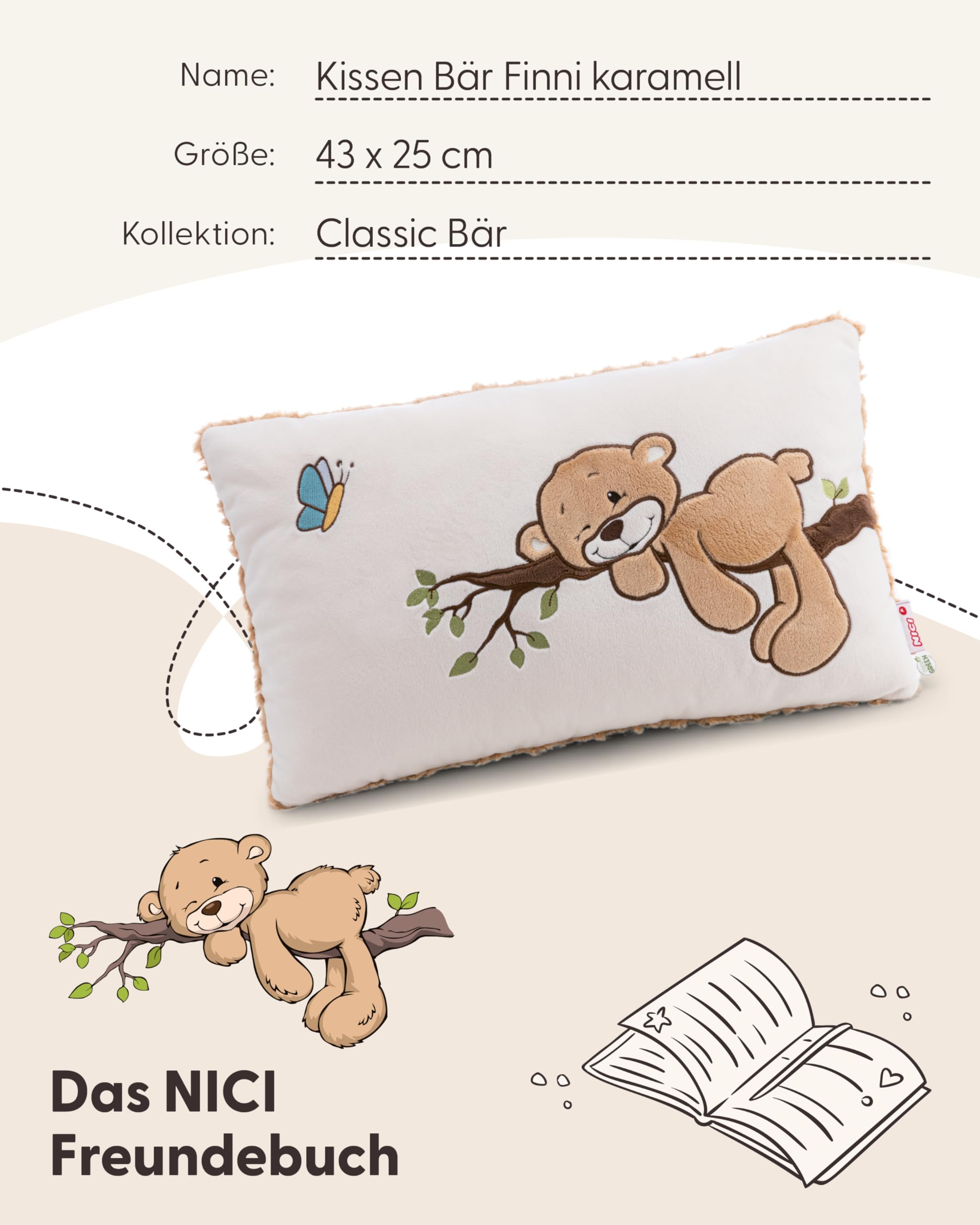 NICI Kissen Bär Finni 43x25cm - karamell - Flauschiges Kuschelkissen für Kinder und Erwachsene, Plüschkissen ideal für Zuhause, Kindergarten oder unterwegs - 62974