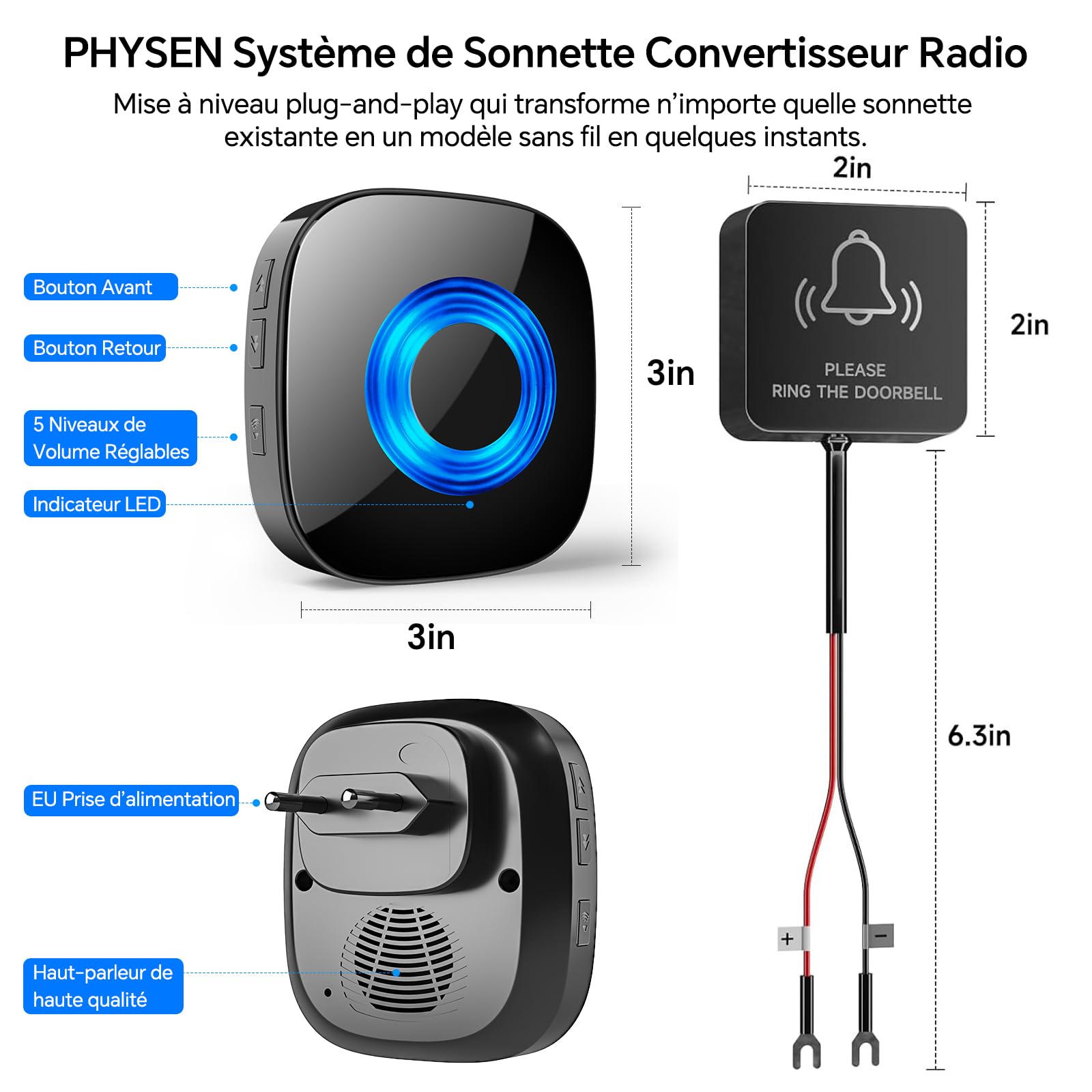 PHYSEN Relais de Signal Sans Fil, WET03B kit d’Extension Carillon Sans Fil, Compatible avec Toutes les Sonnettes Blink, 58 Mélodies & 5 Niveaux de Volume, 1 Convertisseur et 1 Récepteur