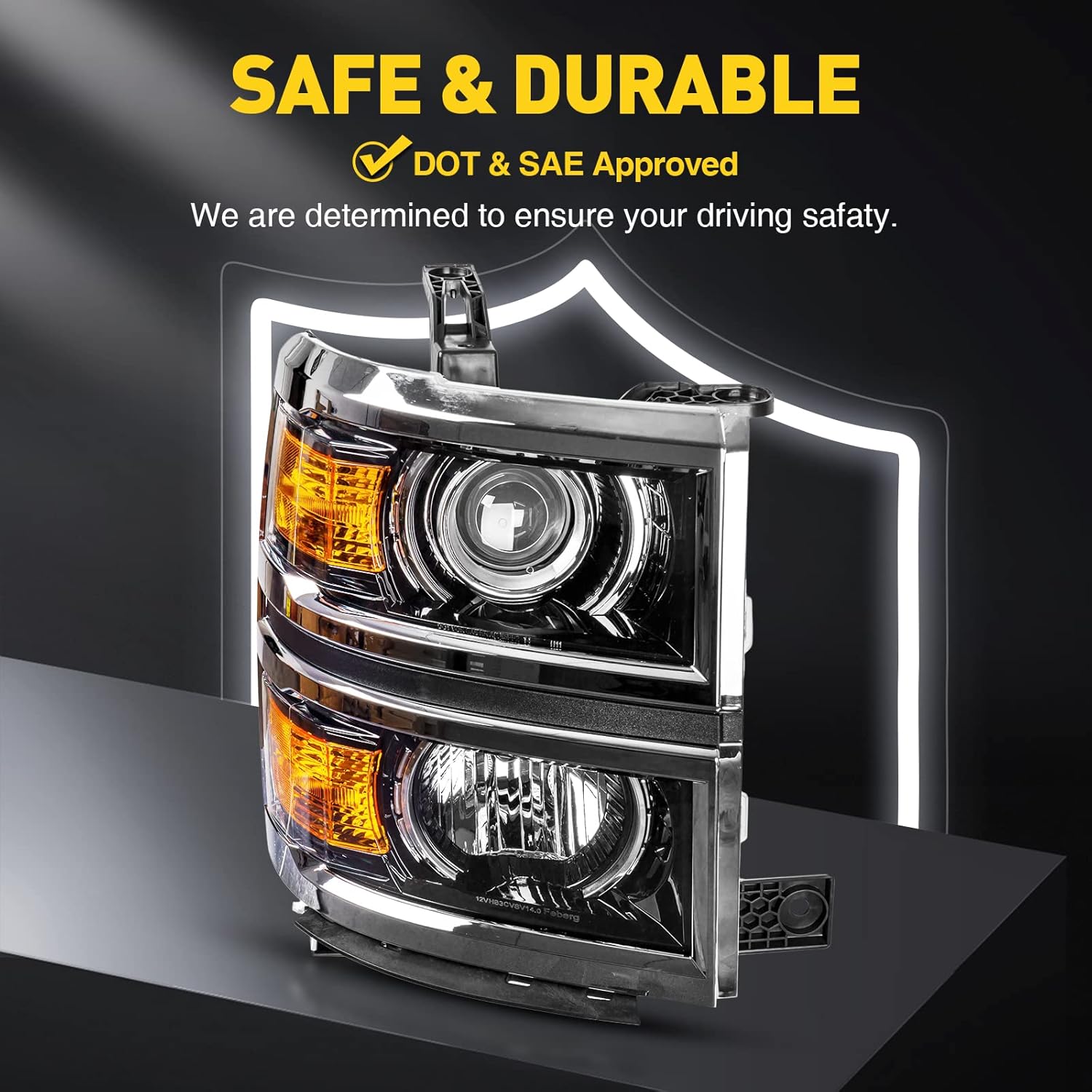 Torchbeam Projector Headlight Assembly Replacement OE Headlamp Compatible with 2014 2015 Chevy Silverado 1500 LTZ/High Country Amber Reflector Chrome Housing Driver and Passenger Side