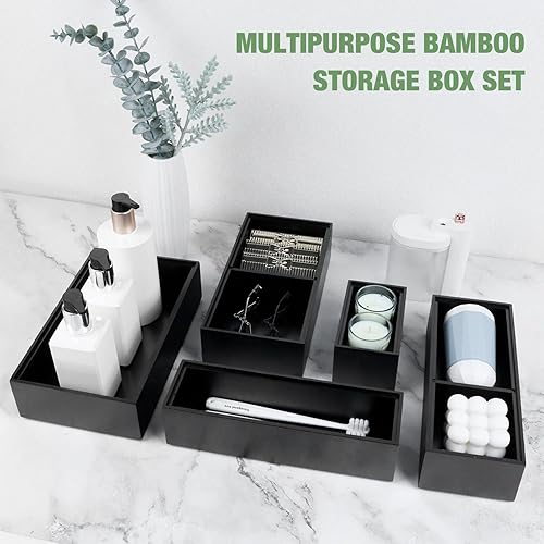 Miniatura 6 de Organizador de cajones de bambú, juego de cubiertos de 5 piezas y organizador de cocina con divisores extraíbles para cocina, utensilios, baño,