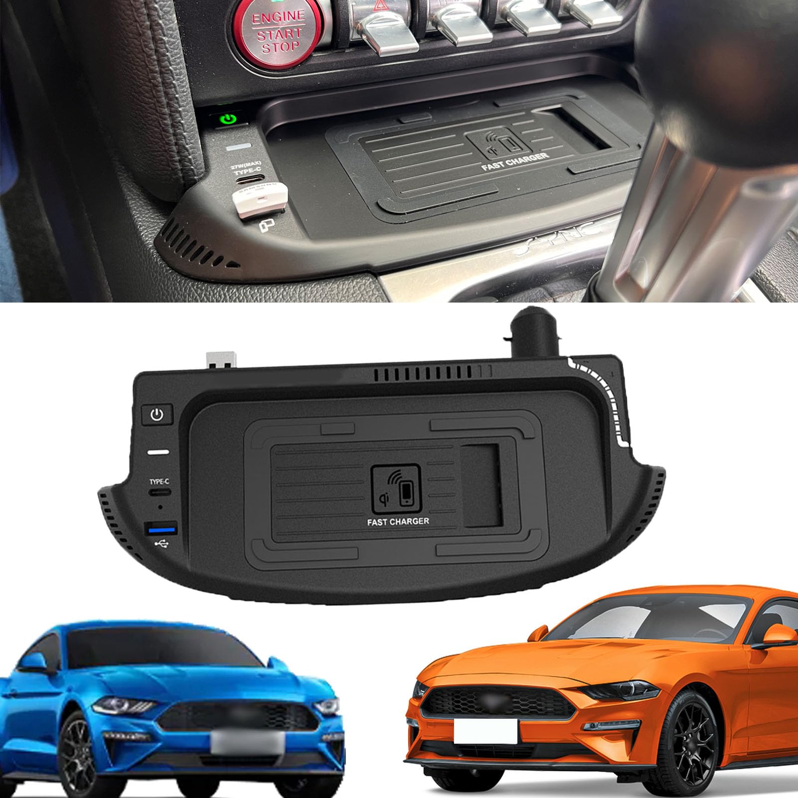 Caricabatterie Wireless per Auto per Tutti i Modelli Mustang Accessorio con 15 W Wireless e USB Qc3.0 + Type-C Ricarica Rapida Regalo per la Famiglia