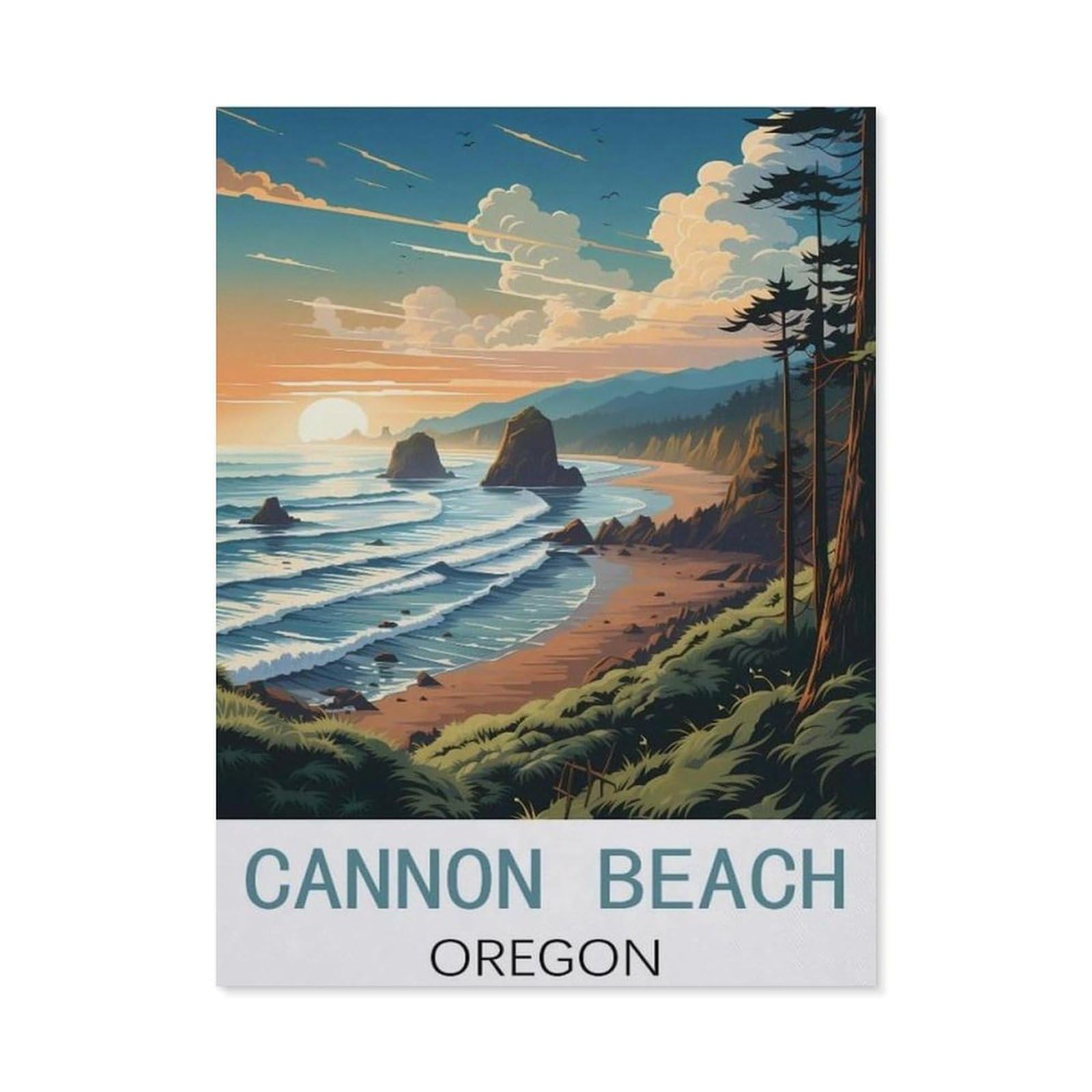 Paint by Numbers for Adults Kids Beginner，Cannon Beach Oregon Vintage Travel Posters，DIY Acrylic Painting by Numbers Kits with Brushes Acrylic Pigment Home Decoration Brithday Gifts(50x60cm）-H12