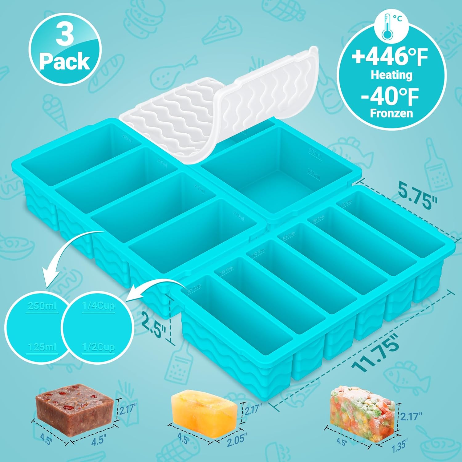 3-Pack Silicone Freezer Trays with Lid,2 Large 2-Cup(500ml)&4 Medium 1-Cup(125ml)&6 Small 1/2-Cup(75ml) Soup Freezer Container Molds,Ice Cube Tray For Meal Prep&Freezing Soup,Stews,Sauces - Image 6