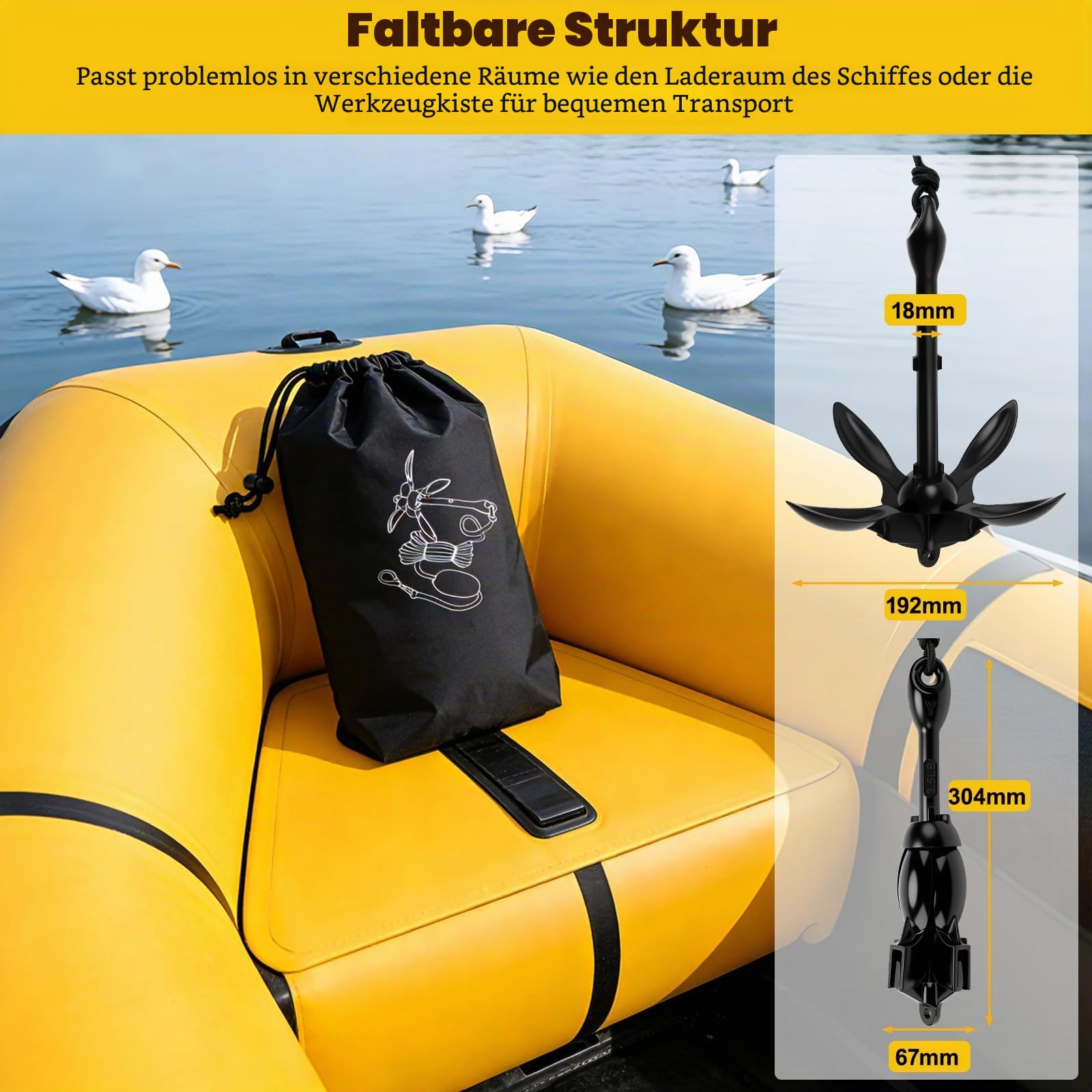 Anker Boot, 1,59KG Bootsanker Kajak Zubehör Klappanker Wurfanker mit 10M Ankerleine, Bojenkugel und Aufbewahrungstasche, Anker Bootsanker für SUP, Schlauchboot, Paddelboot, Schwarz