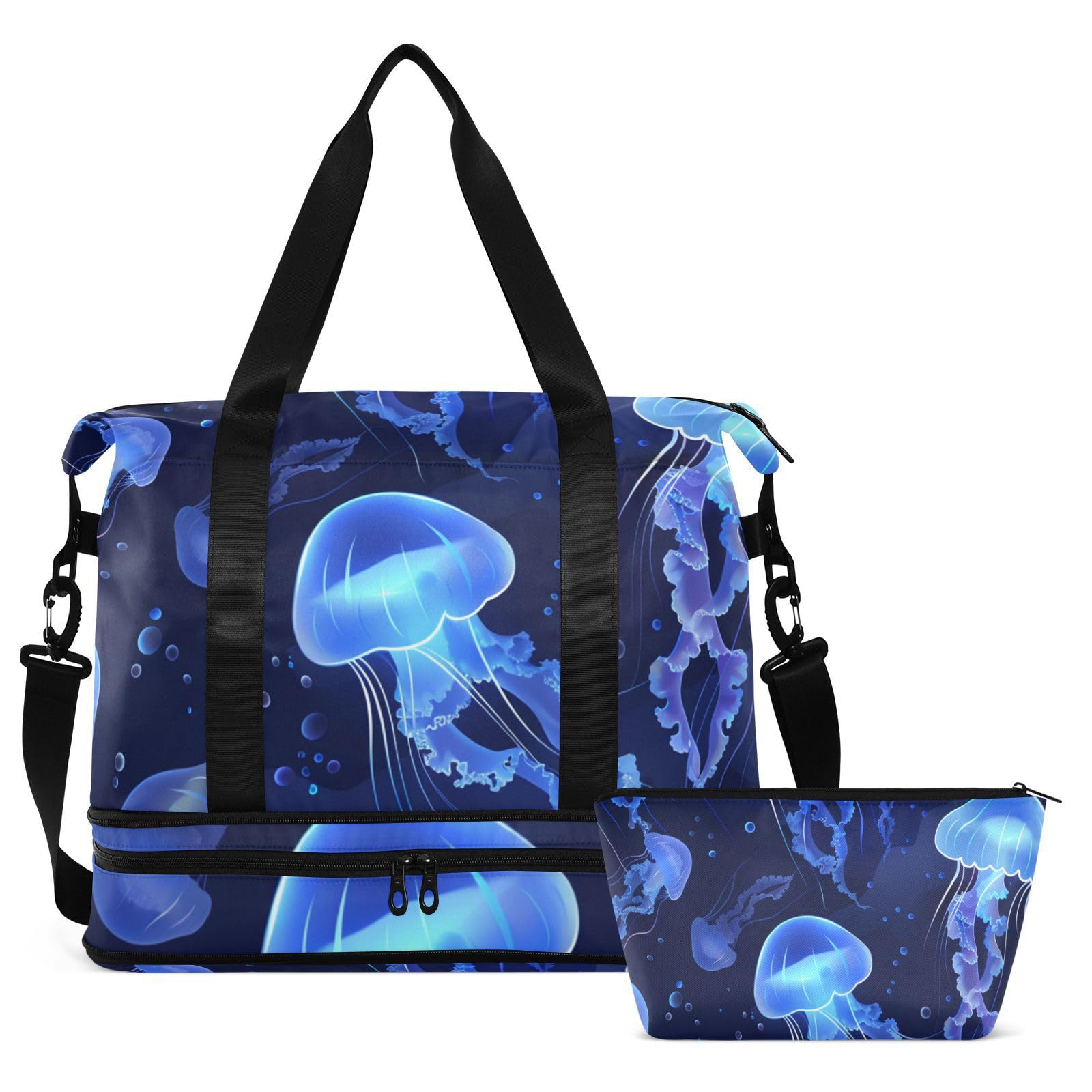 Borsone da viaggio con meduse blu galleggianti in mare, borsa da viaggio con tracolla regolabile, multifunzionale, Medusa blu galleggiante in mare, 1 size