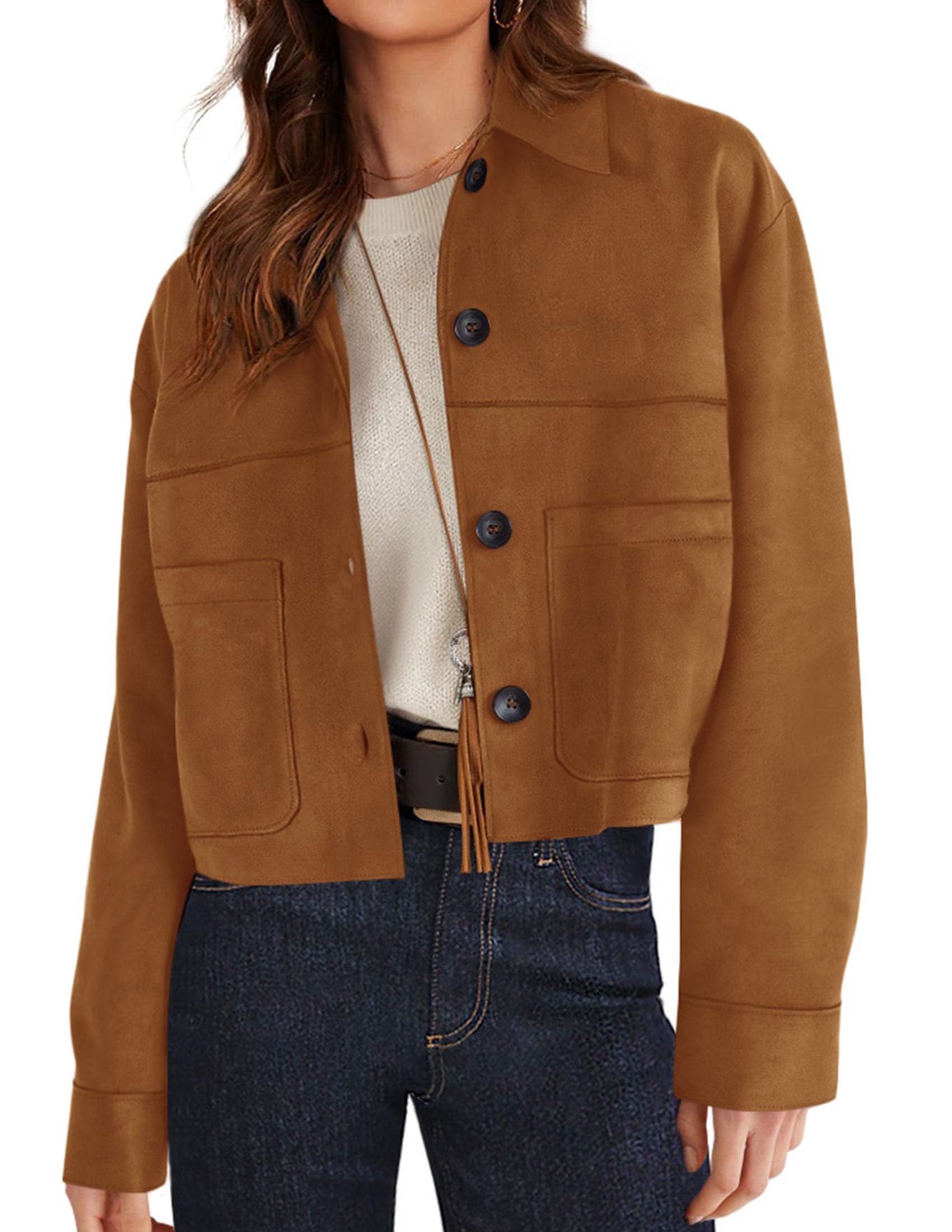 Photo 1 of PRETTYGARDEN Women's Faux Suede Cropped Jacket Casual Lightweight Fall Fashion 2026 Winter Coats Outerwear Trendy Clothes (Brown,XX-Large)