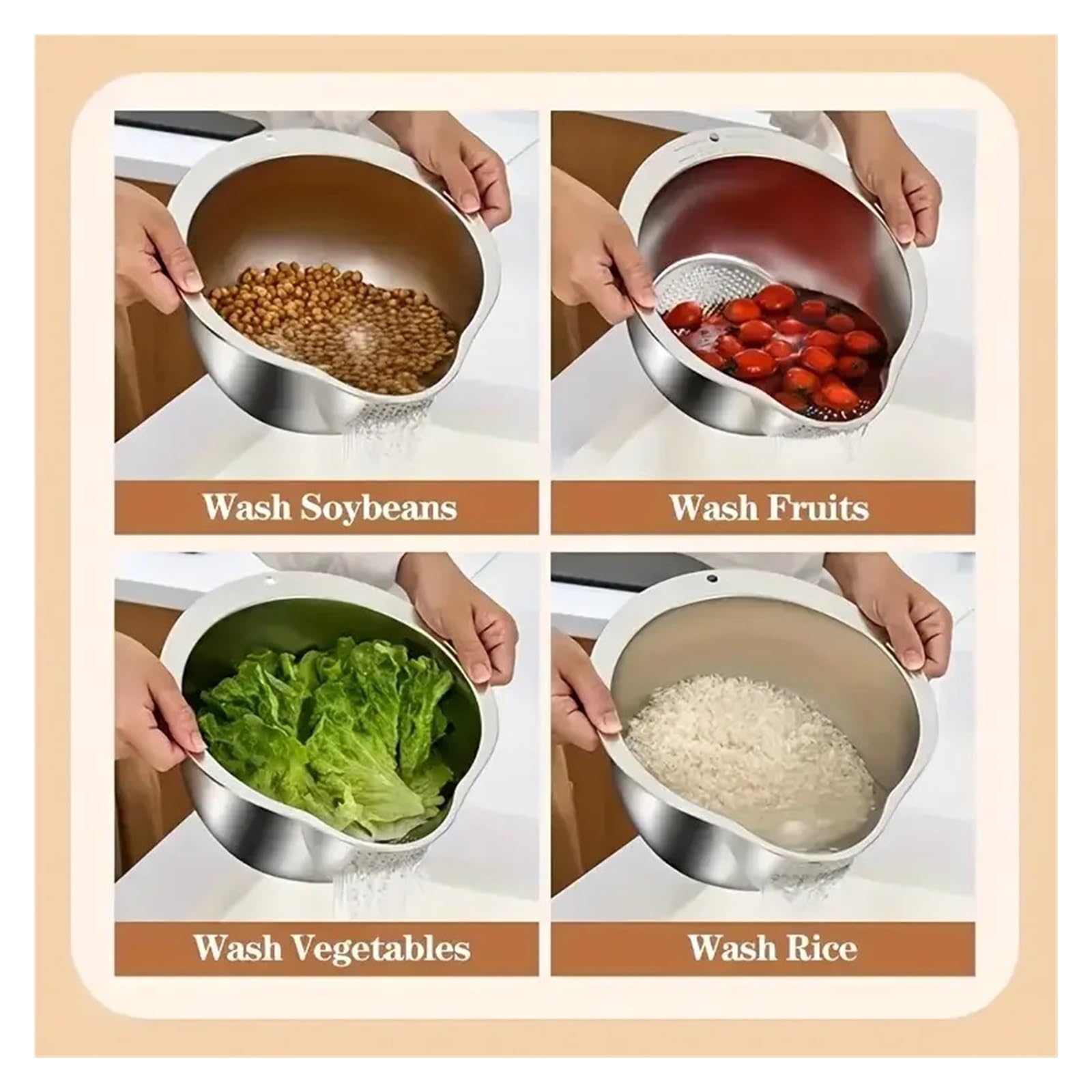 Cuenco colador for lavadora de arroz, lavado acero inoxidable, herramientas cocina for frutas y verduras(Silver)