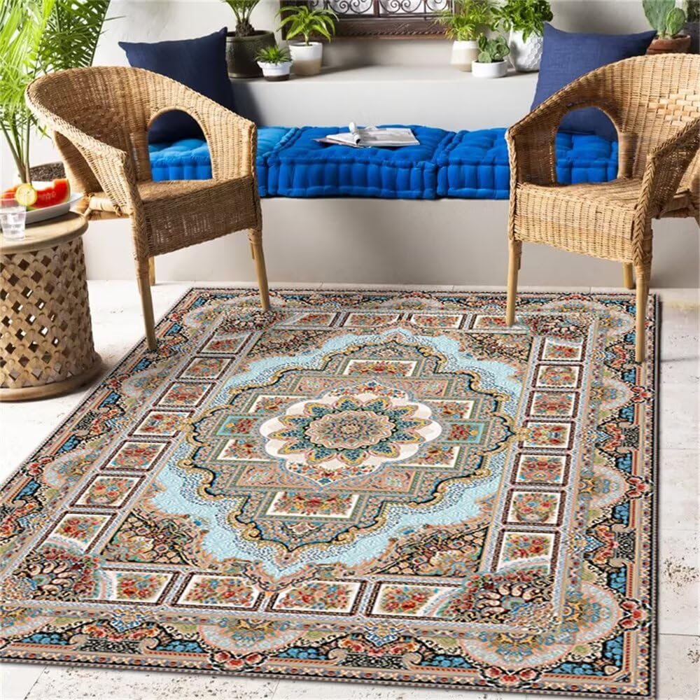 Tapis bleu vintage floral 120x180 cm pour salon et chambre ado garçon