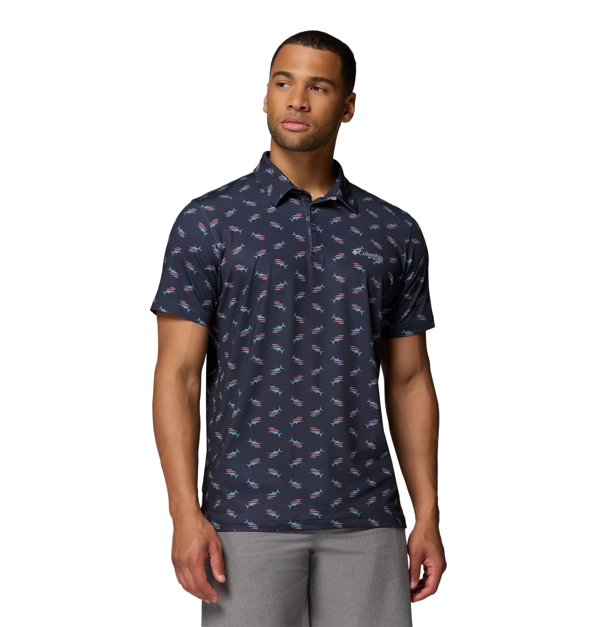 Columbia Mens PFG Super Slack Tide II Stretch Polo, Nocturnal Bluefin Pride, Medium