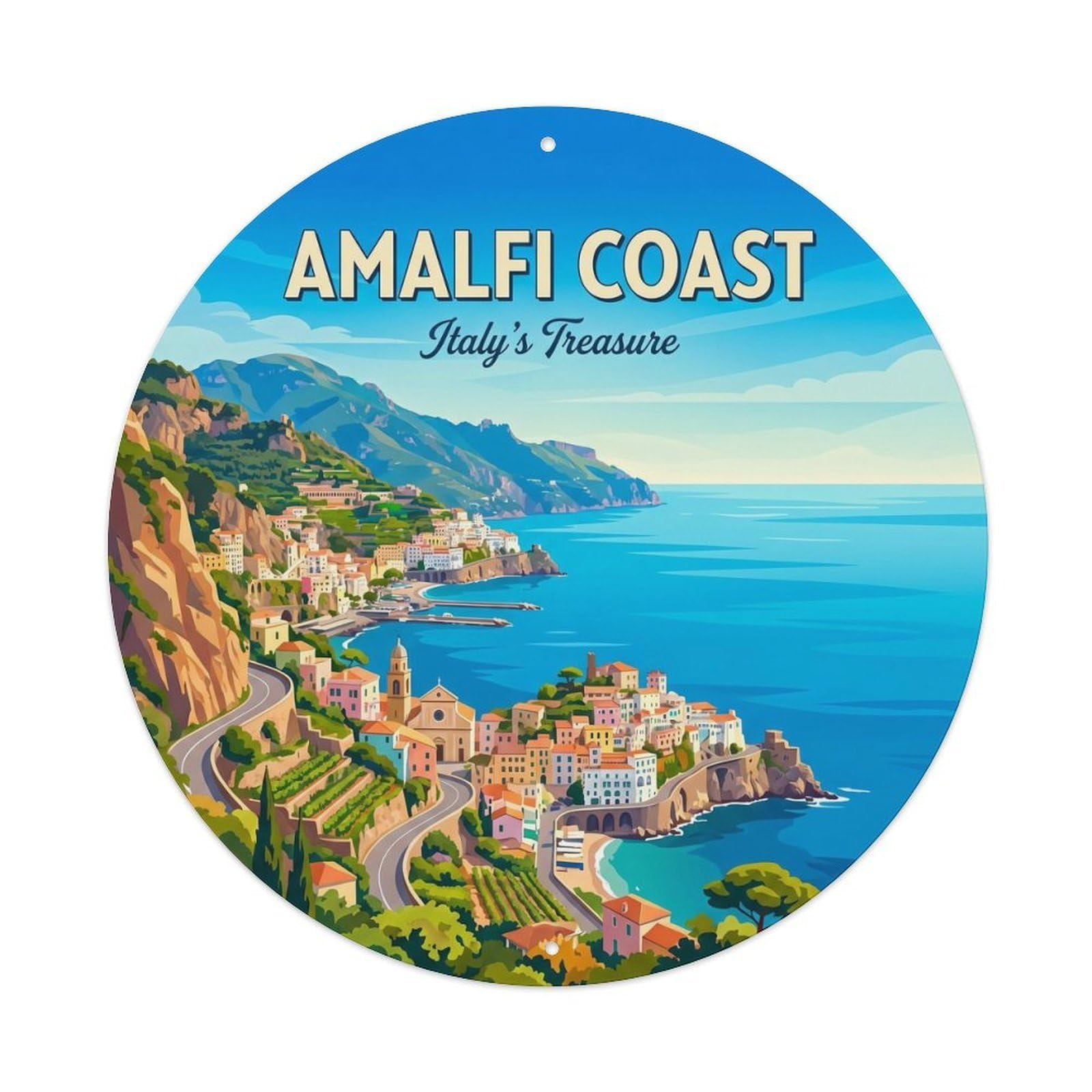 Vintage Travel Amalfi Coastal Panorama Vista Metal Tin Sign Plaque Wall Decor for Cafe, Club, Garden Round Metal Poster 8x8Inch