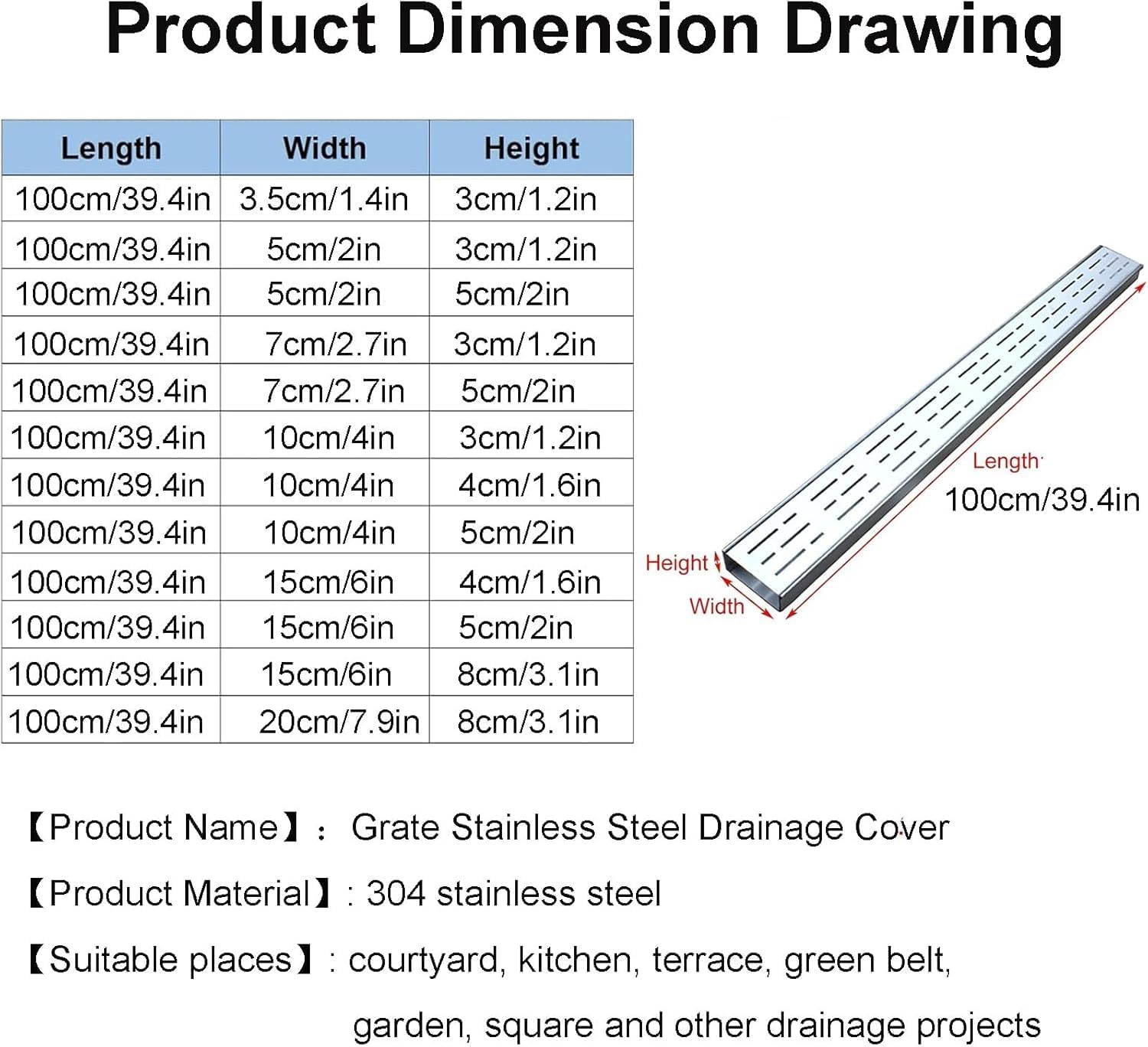 Stainless Steel Narrow Drain Grate Kit for Garden, Patio & Walkway - High Load Capacity Trench Drainage System for Shower, Deck & Floor Guttering Silver 15x5cm/6x2in