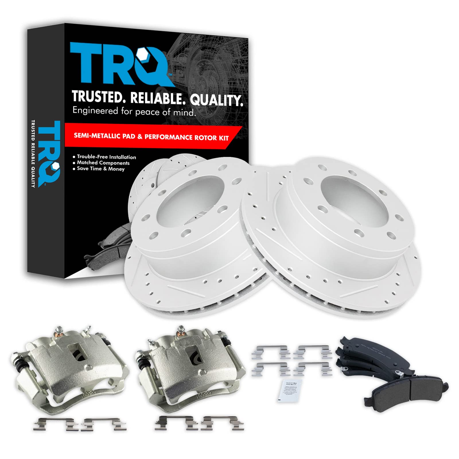 TRQ Performance Rear Brake Calipers Semi-Metallic Pads &amp; Drilled Rotors Compatible with GMC Savana 2500