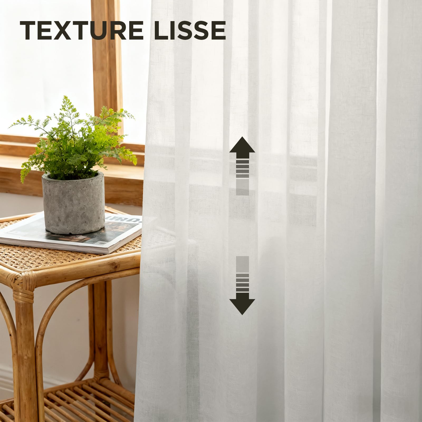Joydeco Lot de 2 Rideaux Voilages Ivoire 140x245 cm pour Rail Plafond, Voilage Semi-Transparent Effet Lin avec Galon Fronceur pour Décoration Interieure et Filtrage de Lumière (sans Crochets)