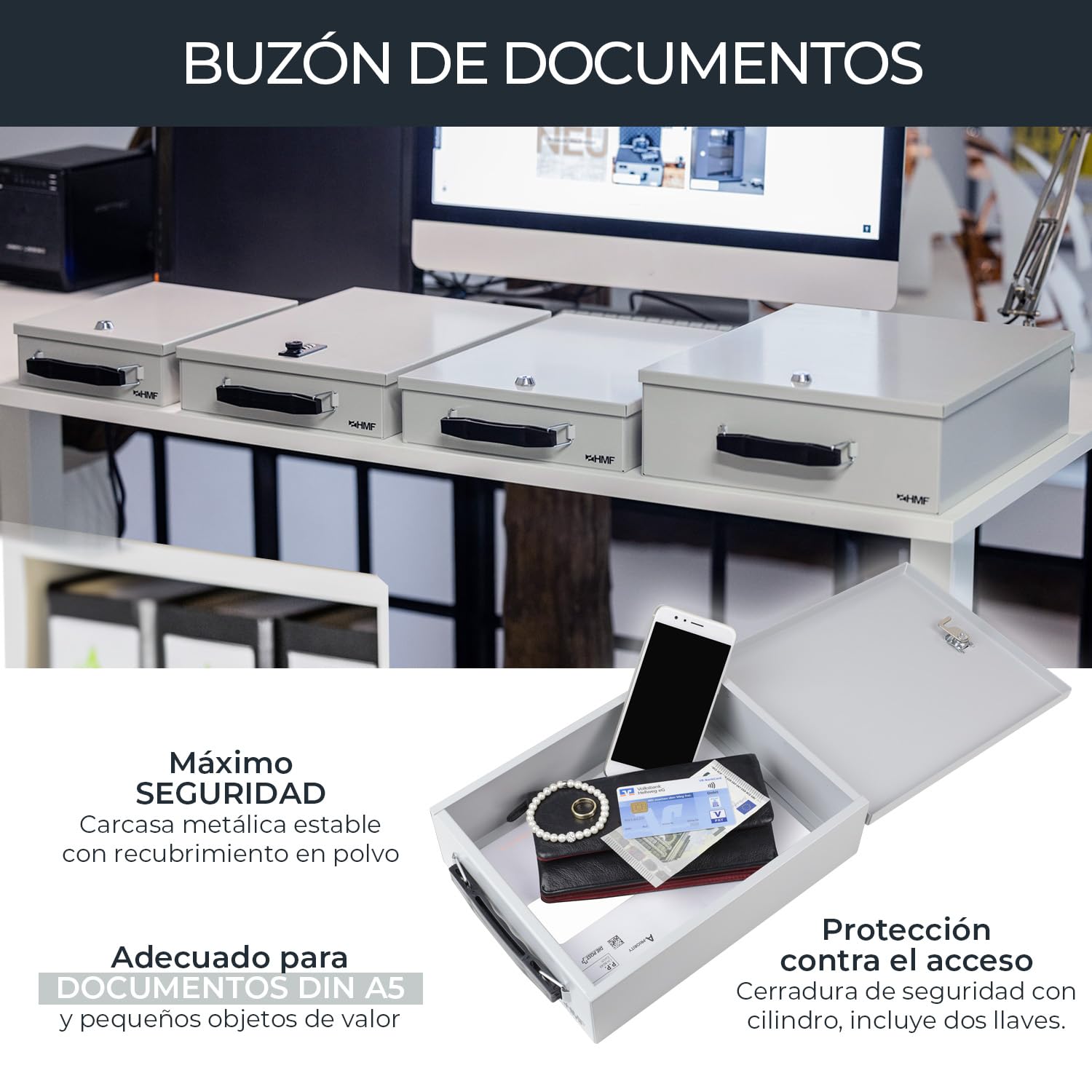 HMF 140-07 Caja de Seguridad para Documentos | 27 x 20,5 x 8 cm | DIN A5 | Gris Claro