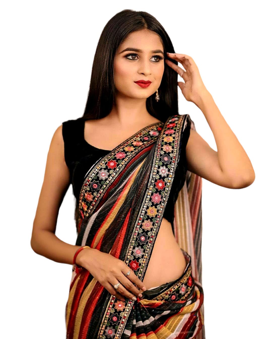 MAHEK Women's Georgette crochet sequince saree with Digital Printed Saree with Blouse Piece-SF