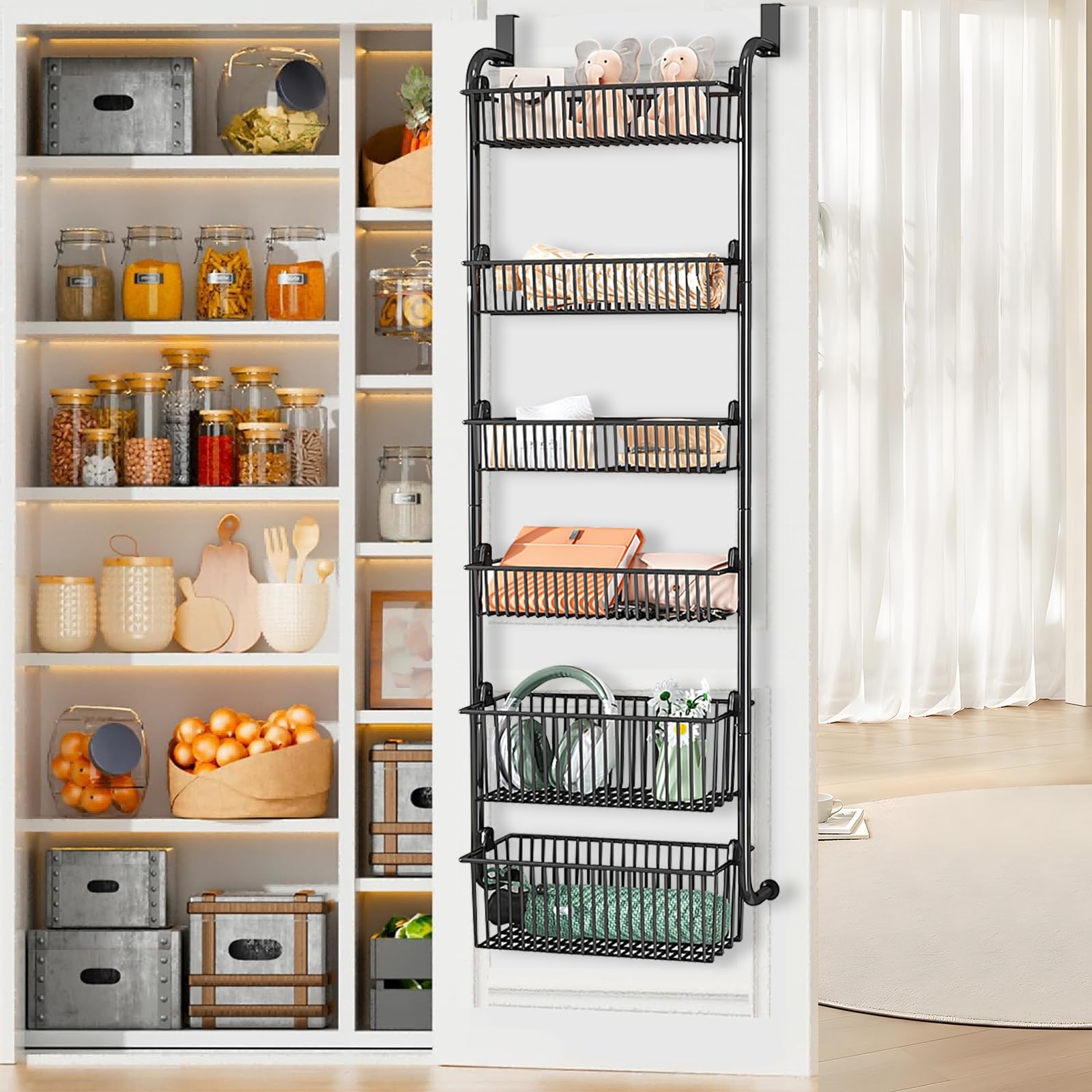 Organizzatore da appendere alla porta, organizer per spezie a 6 ripiani in metallo resistente per cucina - Organizer da appendere alla porta per cucina, bagno (Nero - 4 cestini piccoli + 2 grandi)