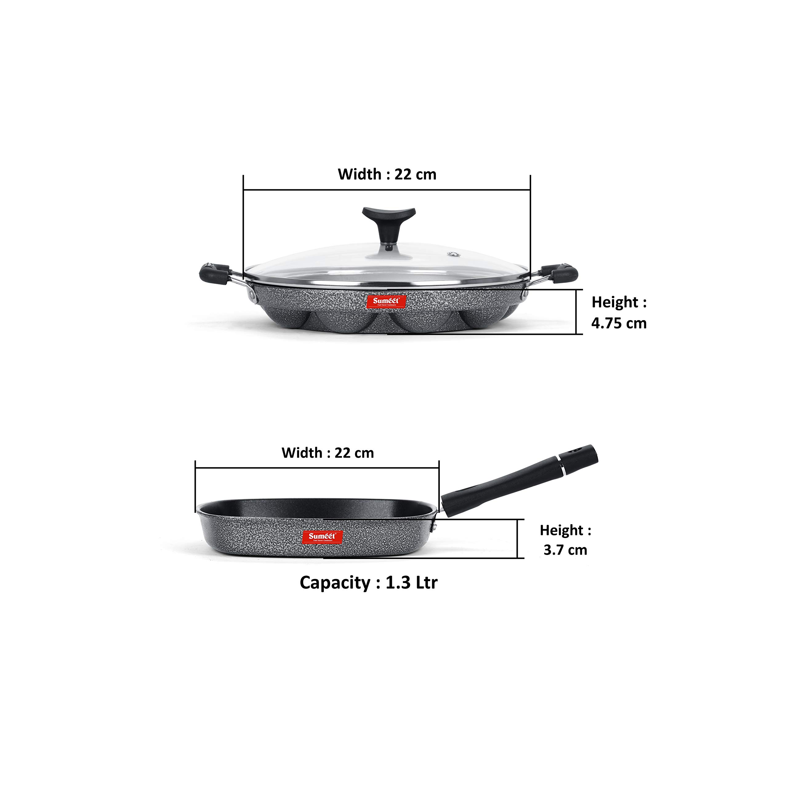 Sumeet NonStick Cookware Set (Appam Patra with Glass Lid - 12 Cavity Grill Pan-22cm Dia) - Image 4 thumbnail