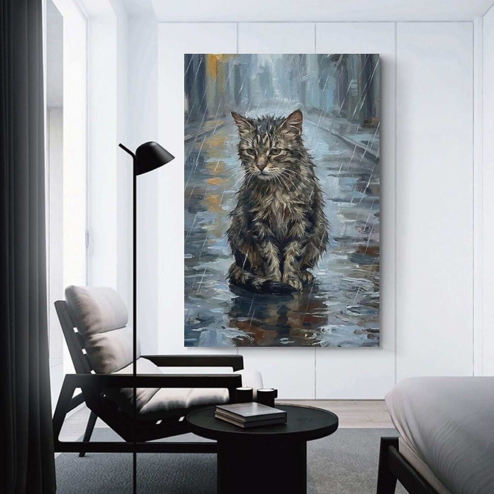 Junmoney Unframe-Style-6 Sad Cat In The Rain Canvas Wall Decor, 08X12inch(20X30cm), For Flats, Guest Rooms Or Compact Rooms, Decorative Canvas Decor For Home Updates