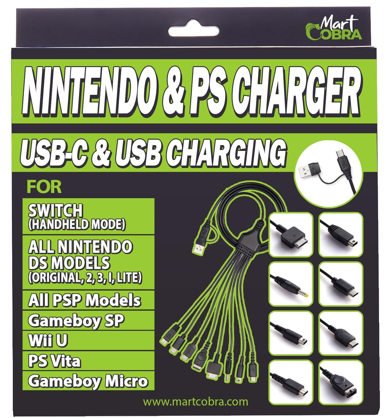 Mart Cobra USB-C & USB Charger Cable for Switch/PS Vita/Gameboy Micro/New 3DS XL/New 3DS/3DS XL/3DS/new 2DS XL/2DS/DS/DSi/GBA SP/DS Lite/Wii U Gamepad/PSP/Original Nintendo DS, 3DS Charger Advance SP