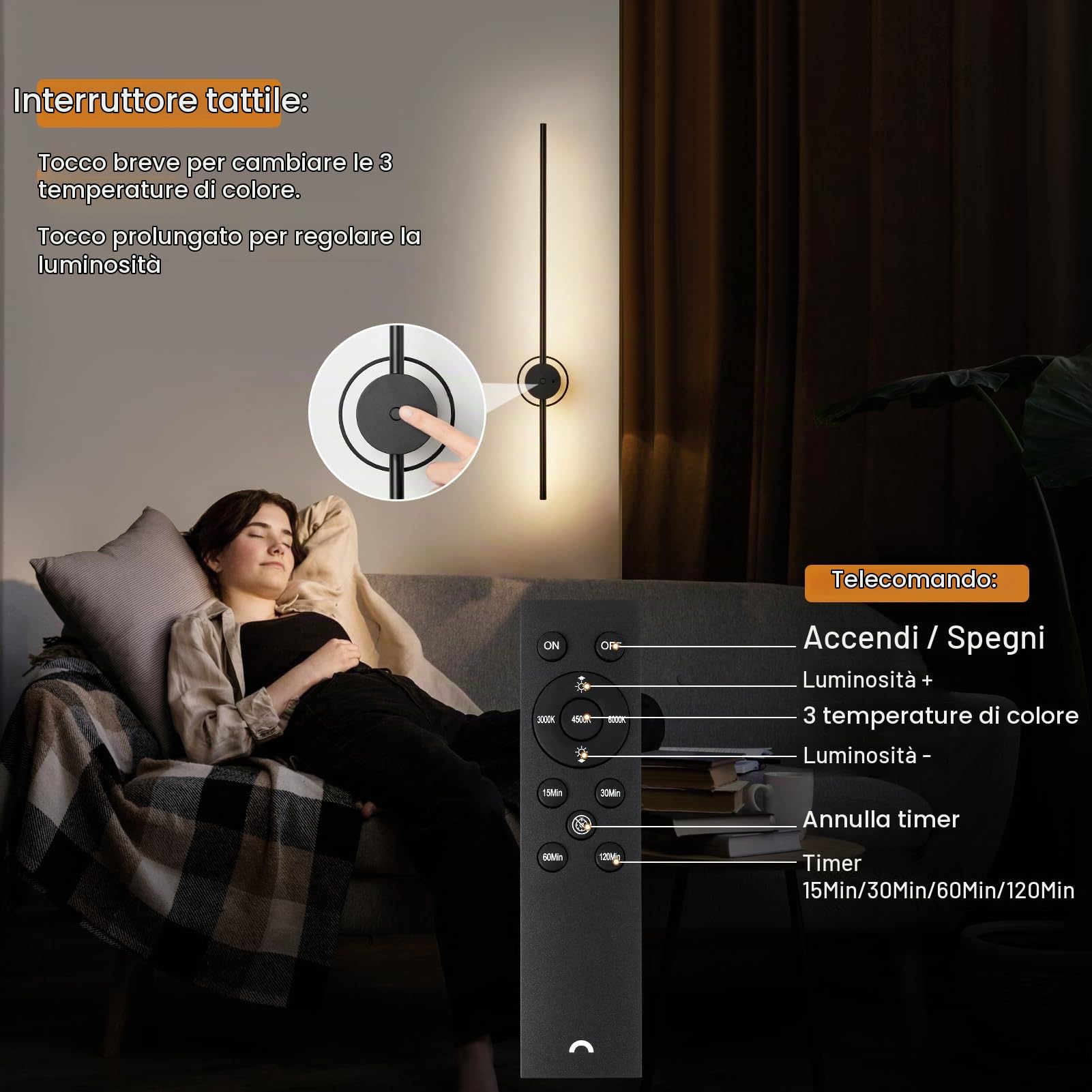 HARPER LIVING Applique da parete ricaricabile USB nera, lampada a batteria da 4000 mAh con telecomando e controllo touch, applique da parete LED dimmerabile con rotazione a 360°, 80 cm, senza fili