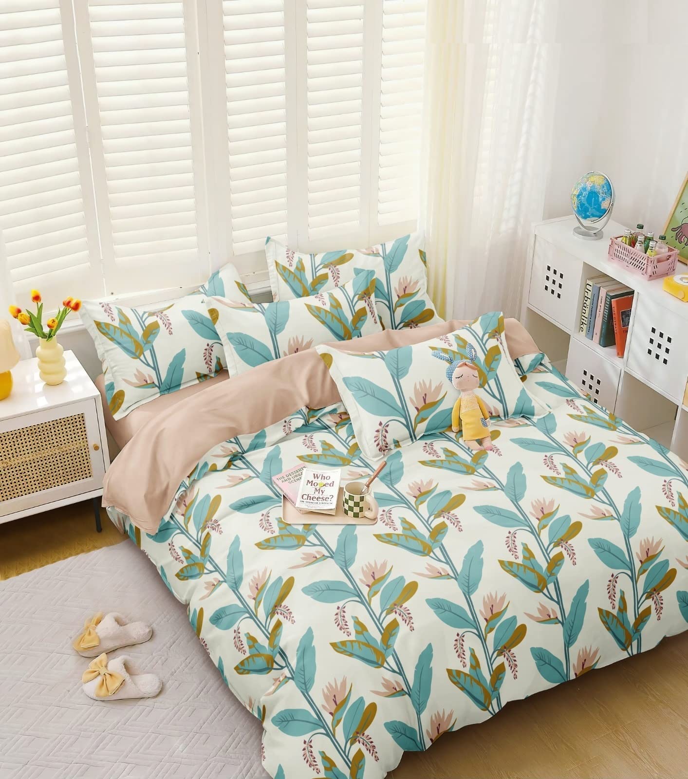 THE HOME STYLE Cotton Feel Glace Cotton All Around Elastic Fitted Printed King Size Double Bed Bedsheet With 2 Pillow Cover 300 TC (72" X 78", Persian Green)