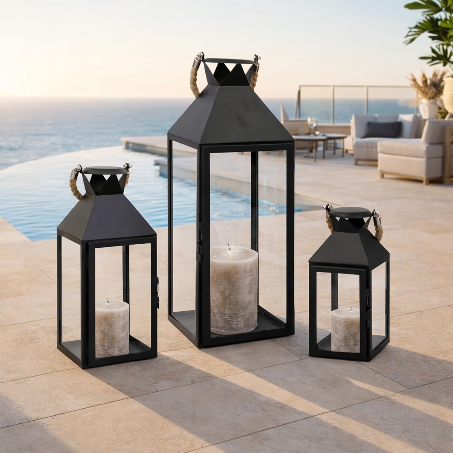 Set Di 3 Lanterne Decorative Nere In Metallo - Grandi E Alte (40-55cm) Per Interni/Esterni Con Candele LED - 4