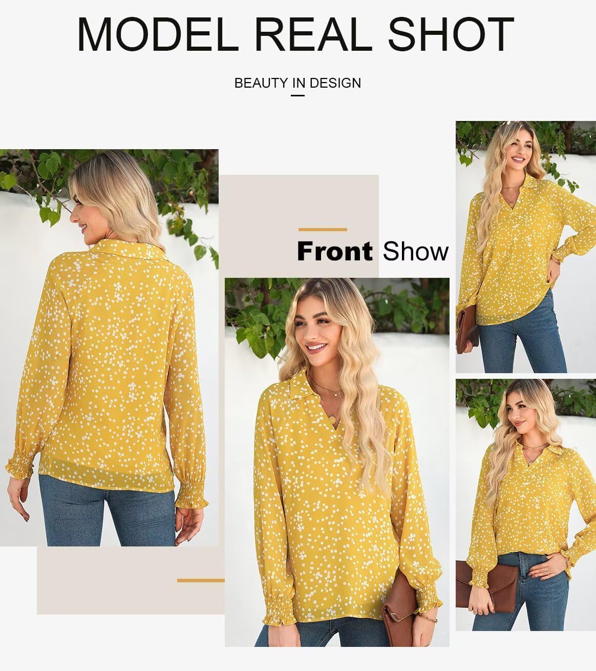 Astylish Womens Fashion Smocked Raglan Sleeves V Neck Collared Tops Chiffon Alicia Flower Print Blouses Spring Dressy Shirts Work Business Boho Tunic Yellow X-Large - Image 4