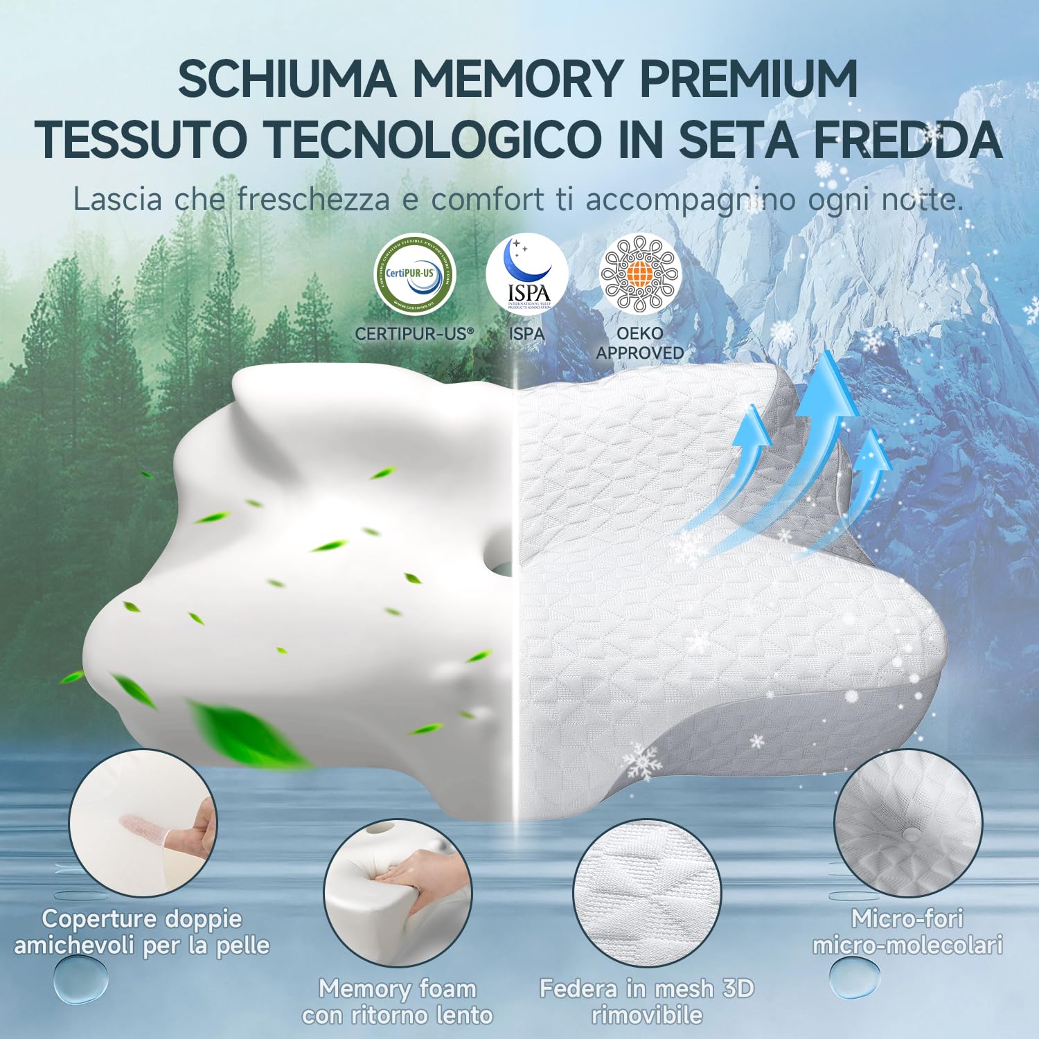 Zibroges Cuscino in Memory Foam, Cuscino Letto Confortevole per il Collo, Ideale per Chi Dorme di Fianco, sulla Schiena o sulla Pancia, Federa Lavabile, 61x41x11,5cm
