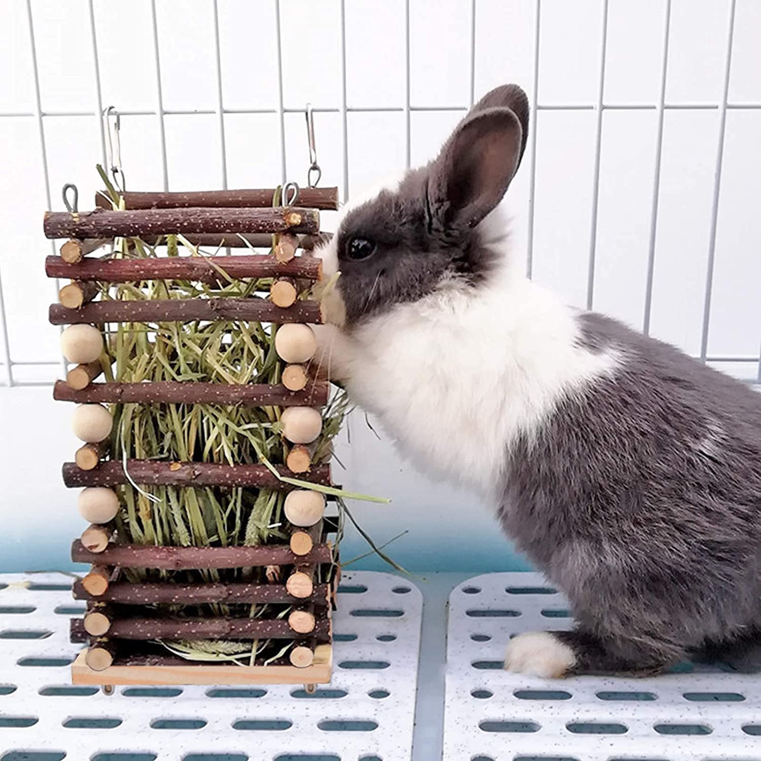 Apple Wood Rabbit Hay Feeder Standing Rack- Hangable Wooden Grass Shelf with 2 Hooks Biting Resistant Small Animals Feeding Hay Manager for Chinchilla Bunny Guinea Pig Hamster Gerbil Holiday Presents