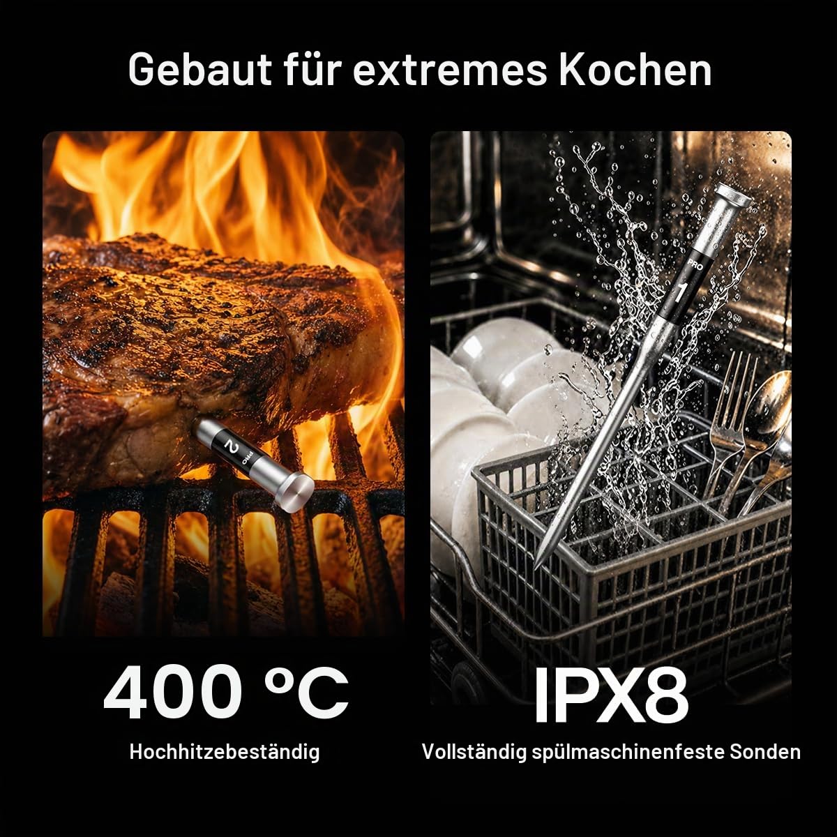 ThermoMaven 3000FT Smart Wireless Fleischthermometer, Sub-1G Langstrecke, 6 Sensoren (NIST genau), 2 dünne Sonden, Basisstation mit LCD, für Grill, BBQ, Ofen, Räucherofen (Orange)