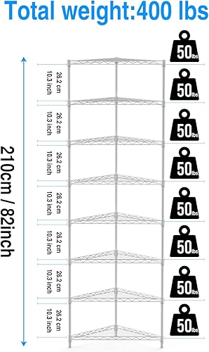 Miniatura 3 de Estantería esquinera de alambre resistente de 8 niveles, certificado NSF, estante de almacenamiento de metal ajustable, capacidad de 400 libras,