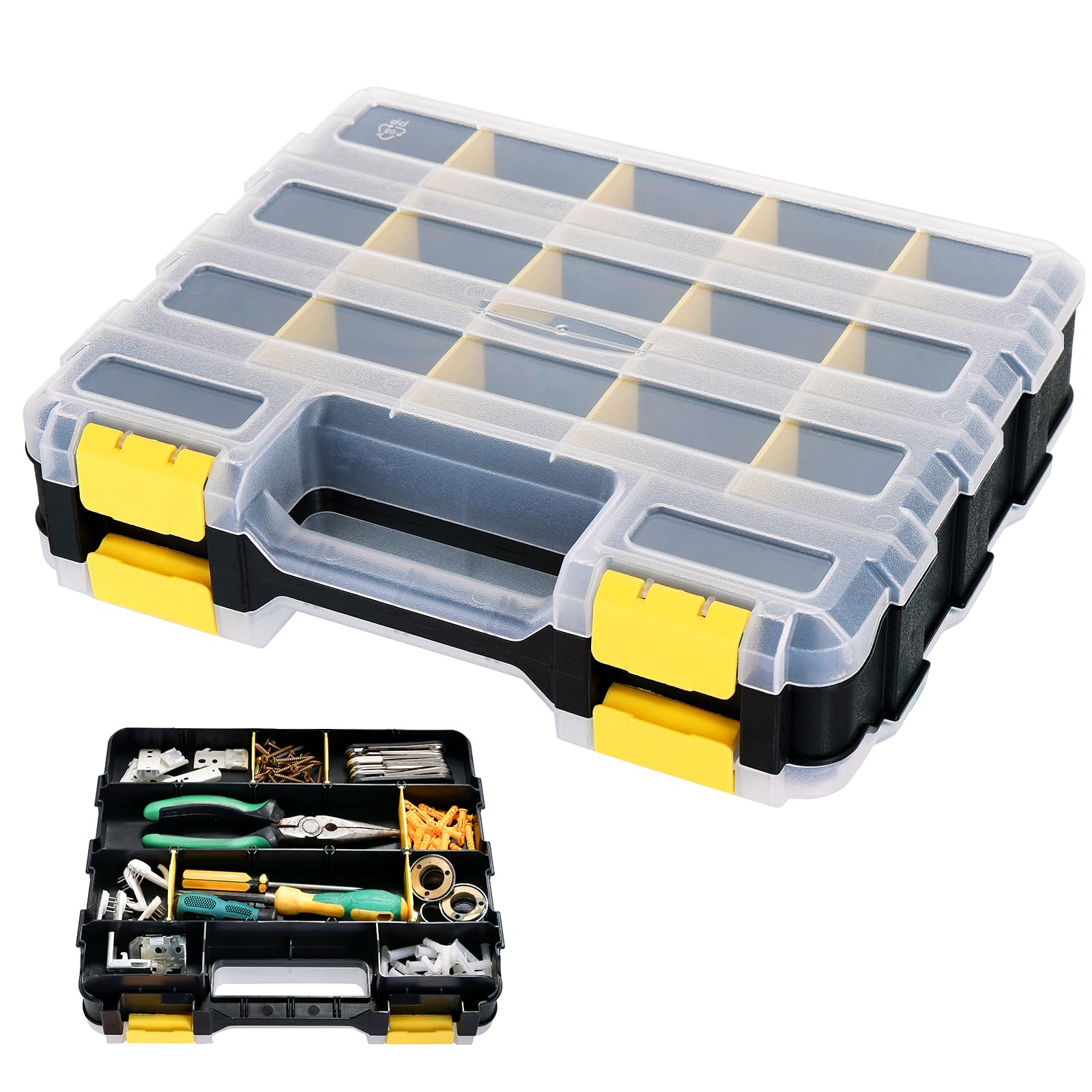DASBET Double-Sided Tool Organizer 34-Compartment Storage Box Screw Storage Removable Dividers Tool Box with Transparent Lid DIY Hardware Assortment Organizer for Screws, Nuts, Small Parts (Yellow)