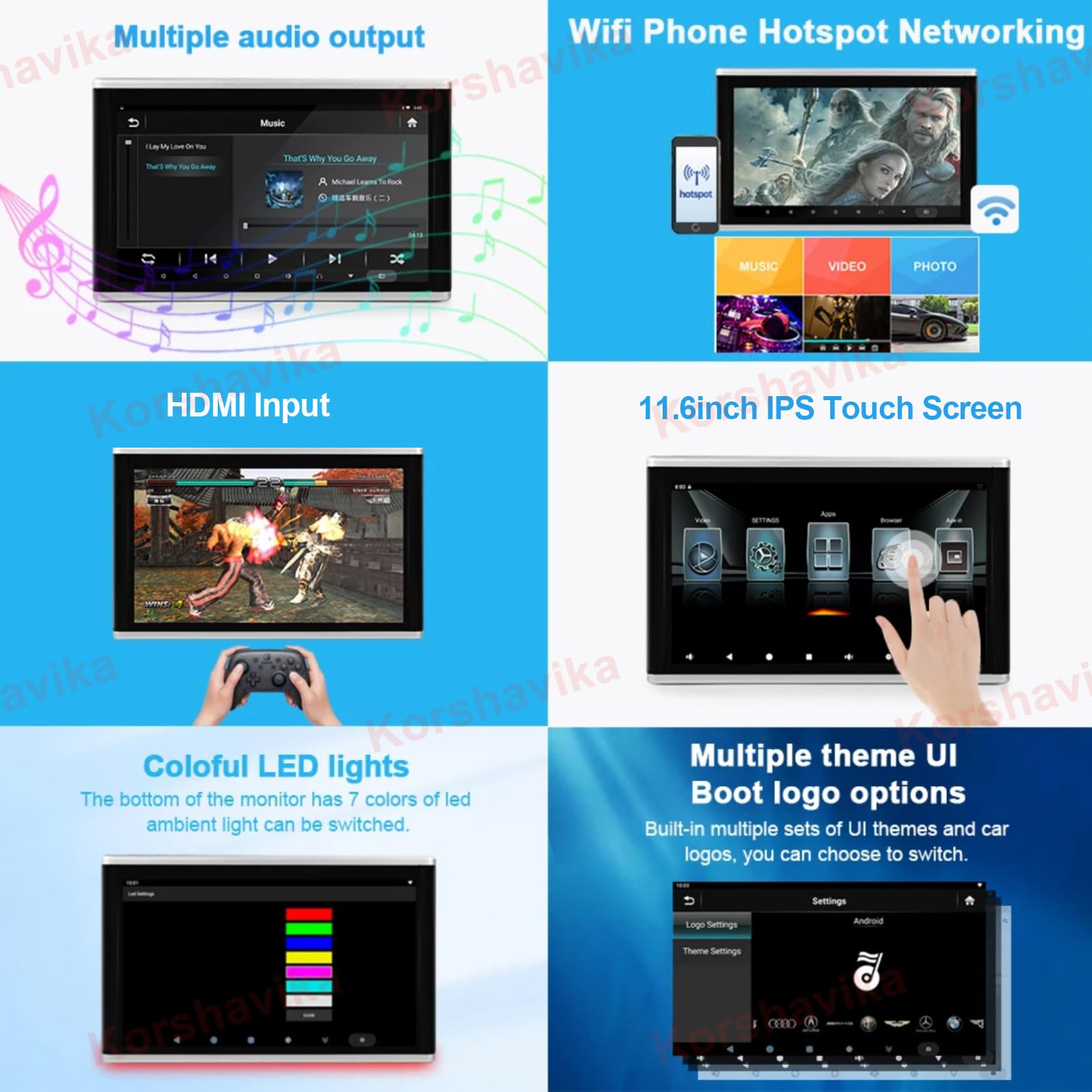 11.6 Inch Android 11 Touch Screen Car TV Headrest Monitor for Back Seat with Ambient Light, Support 4K Video/WiFi/Bluetooth/Airplay/HDMI Input/USB/SD Card/Mirror Link, 4+64G