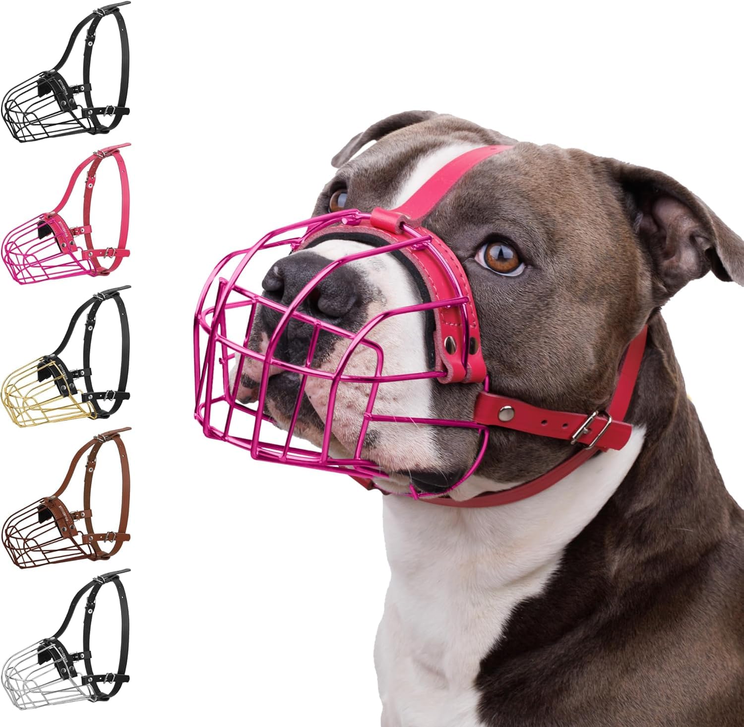 BRONZEDOG Pitbull Dog Muzzle Metal Mask Amstaff Wire Basket Pit Bull Adjustable Leather Straps for Large Dogs (Pink)