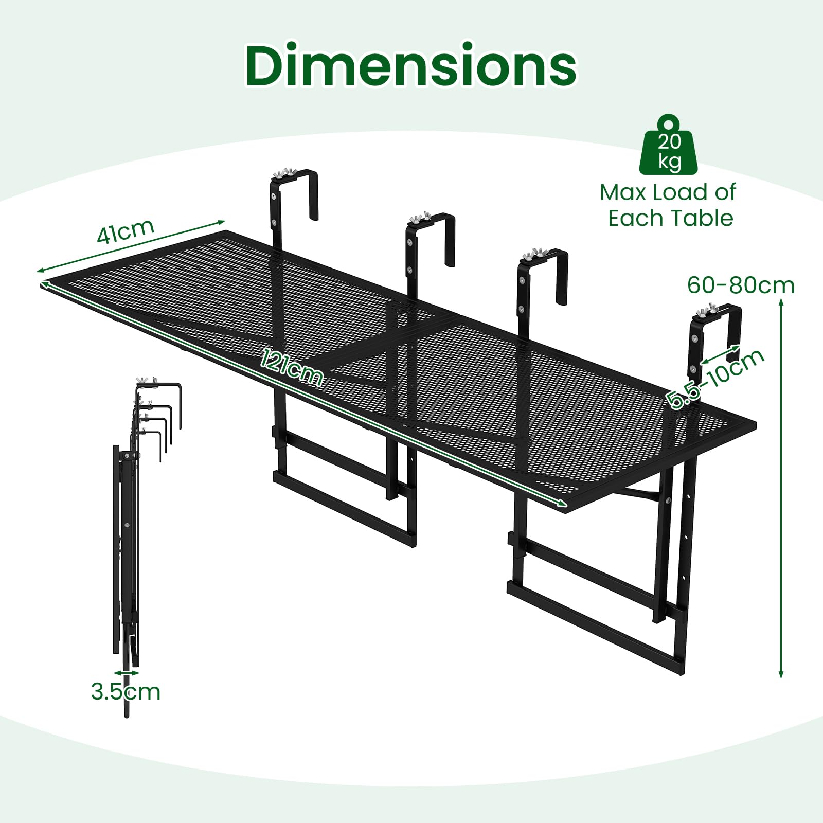 GIANTEX Set di 2 Tavolini da Balcone Pieghevoli, 121 x 41 x 60-80 cm | Tavolo da Ringhiera in Metallo con Ampio Ripiano, 5 Livelli di Regolazione in Altezza, Tavolo Sospeso Richiudibile