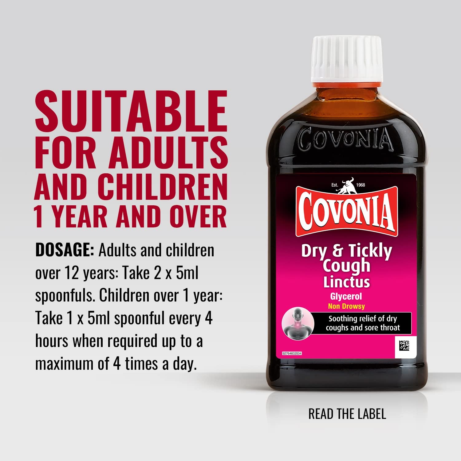 Covonia Dry and Tickly Cough Linctus Syrup, Sore Throat Relief, Non